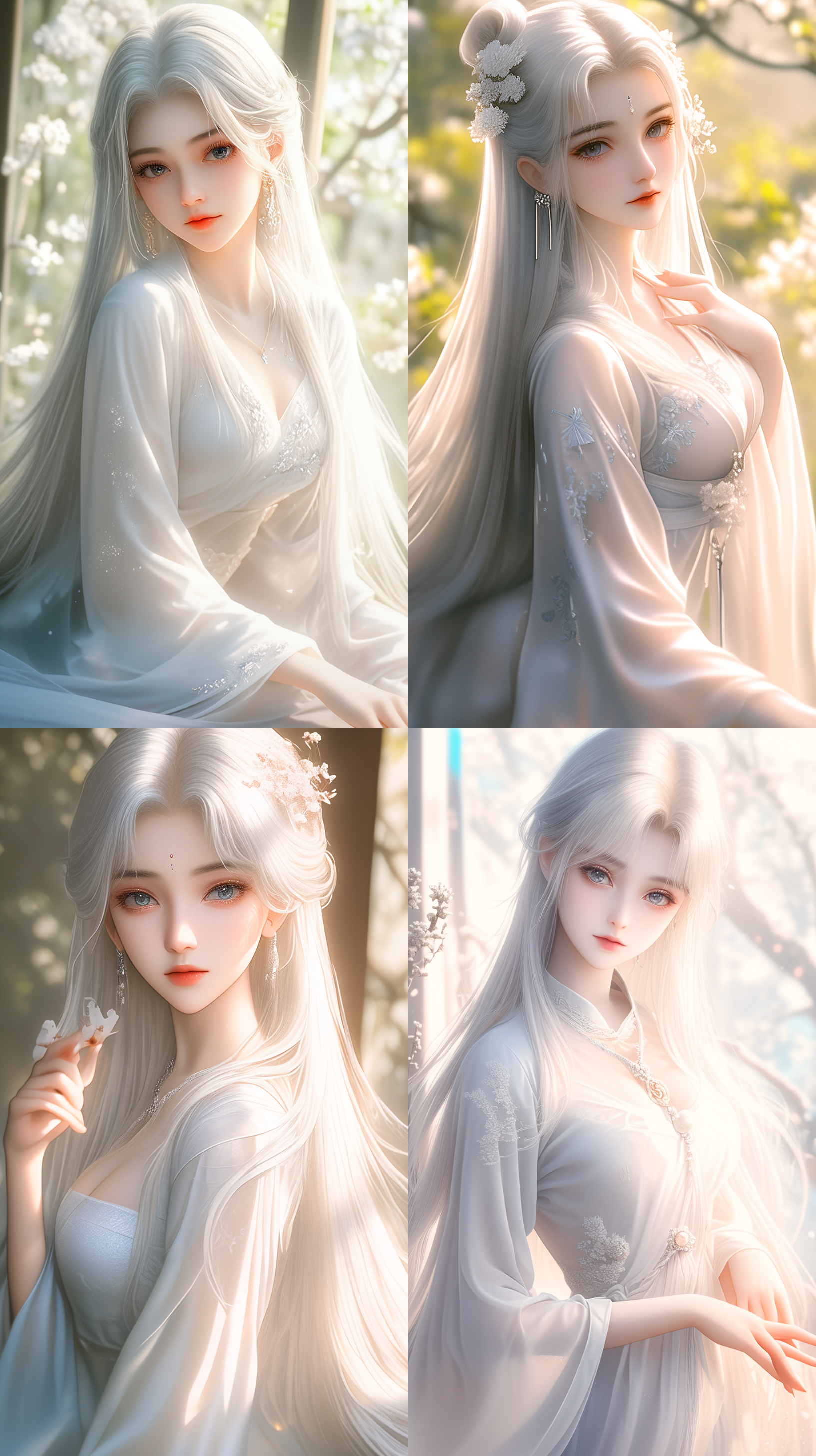 古典美女，国风，透光古装，白色长发，柳眉，大眼睛，桃花唇，肤质细膩，超清五官，脸部打光，自然光，柔和的光线，对称构图，长焦镜头，细膩纹理，32k高清壁纸，超高清画质，绝美容颜，广角镜头，全景透视，