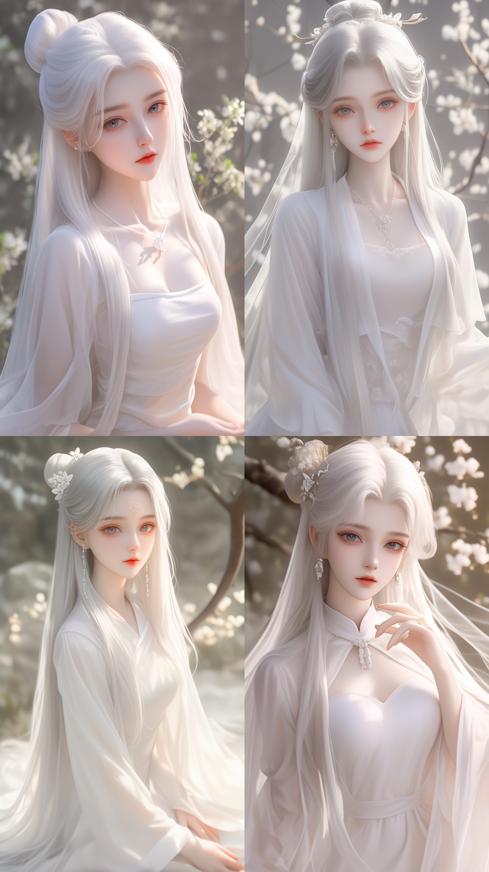 古典美女，国风，精致透光古装，白色长发，发鬓，柳眉，大眼睛，桃花唇，肤质细膩，超清五官，脸部打光，自然光，柔和的光线，对称构图，长焦镜头，细膩纹理，32k高清壁纸，超高清画质，绝美容颜，广角镜头，全景透视，正面图