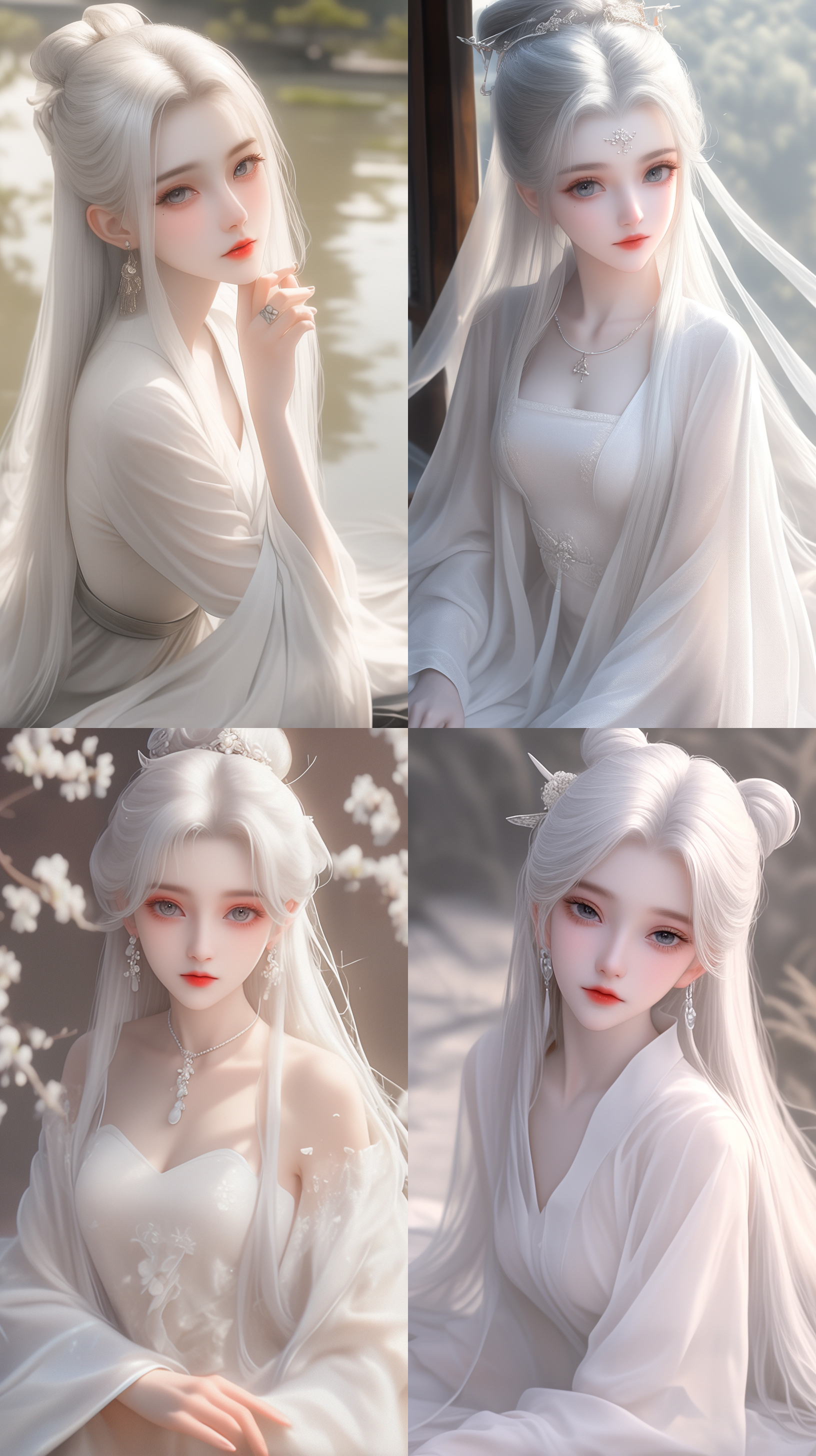 古典美女，国风，精致透光古装，白色长发，发鬓，柳眉，大眼睛，桃花唇，肤质细膩，超清五官，脸部打光，自然光，柔和的光线，对称构图，长焦镜头，细膩纹理，32k高清壁纸，超高清画质，绝美容颜，广角镜头，全景透视，正面图