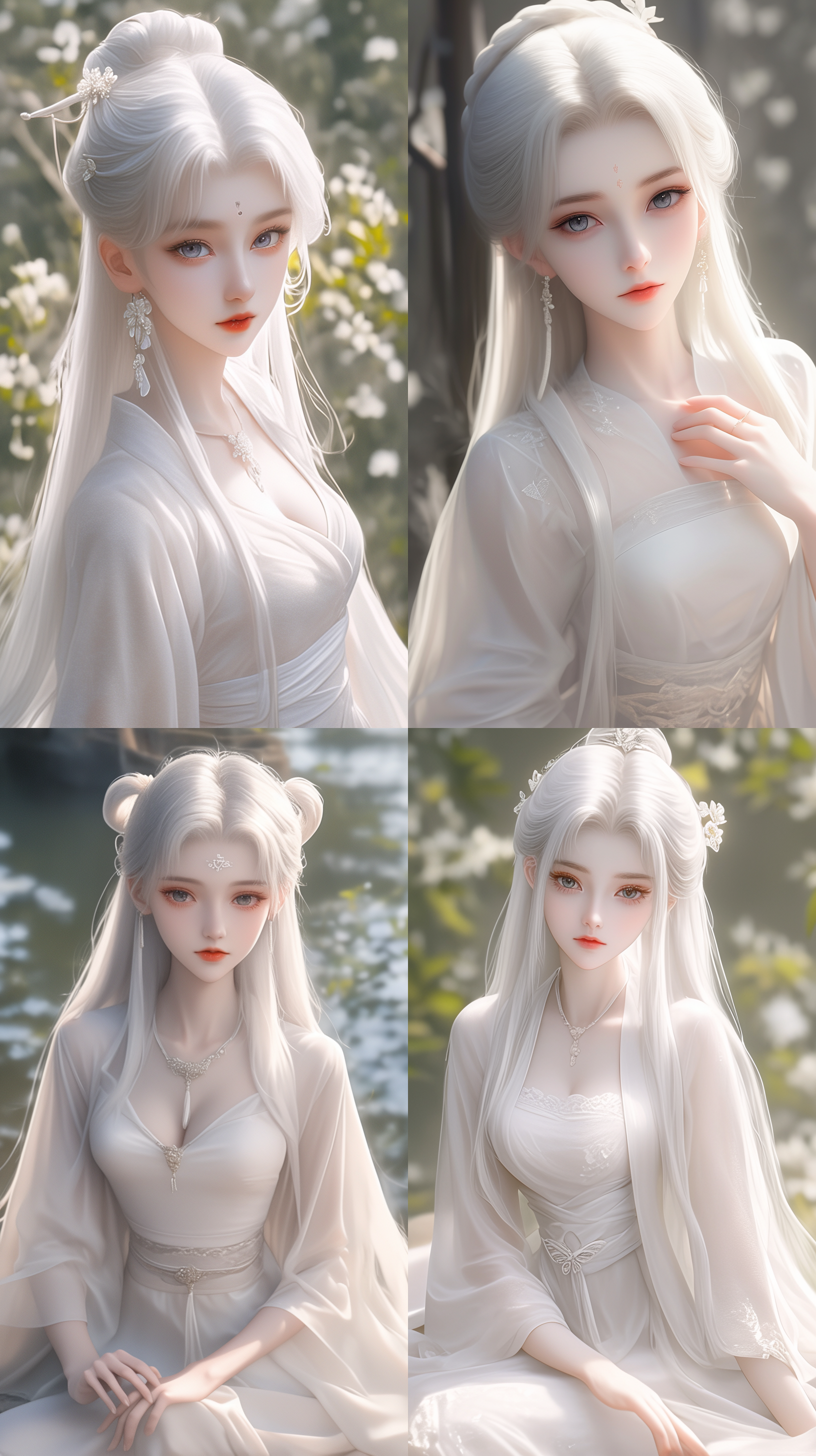 古典美女，国风，精致透光古装，白色长发，发鬓，柳眉，大眼睛，桃花唇，肤质细膩，超清五官，脸部打光，自然光，柔和的光线，对称构图，长焦镜头，细膩纹理，32k高清壁纸，超高清画质，绝美容颜，广角镜头，全景透视，正面图，仙侠风格