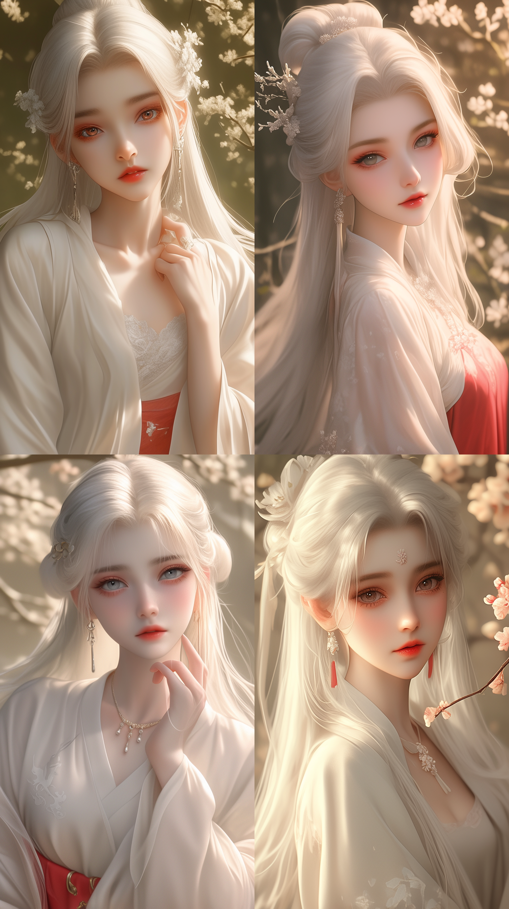 古典美女，国风，精致透光红色古装，白色长发，发鬓，柳眉，大眼睛，桃花唇，肤质细膩，超清五官，脸部打光，自然光，柔和的光线，对称构图，长焦镜头，细膩纹理，32k高清壁纸，超高清画质，绝美容颜，广角镜头，全景透视，正面图，仙侠风格