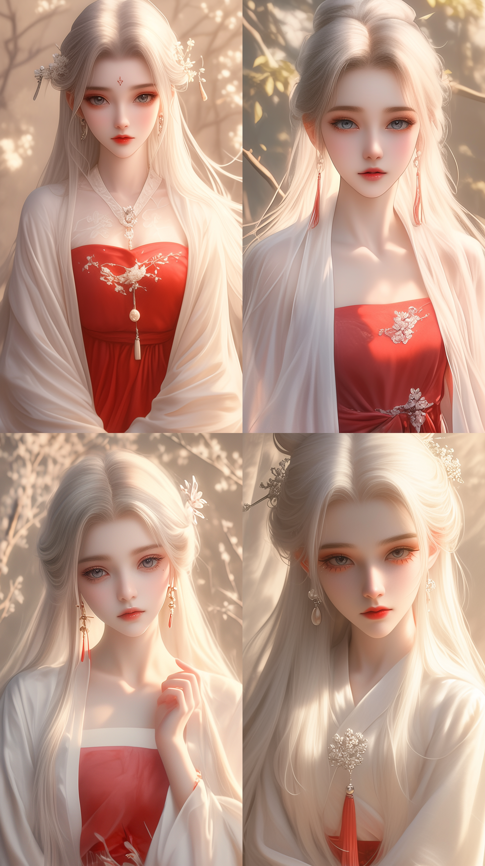 古典美女，国风，精致透光古风红装，白色长发，发鬓，柳眉，大眼睛，桃花唇，肤质细膩，超清五官，脸部打光，自然光，柔和的光线，对称构图，长焦镜头，细膩纹理，32k高清壁纸，超高清画质，绝美容颜，广角镜头，全景透视，正面图，仙侠风格