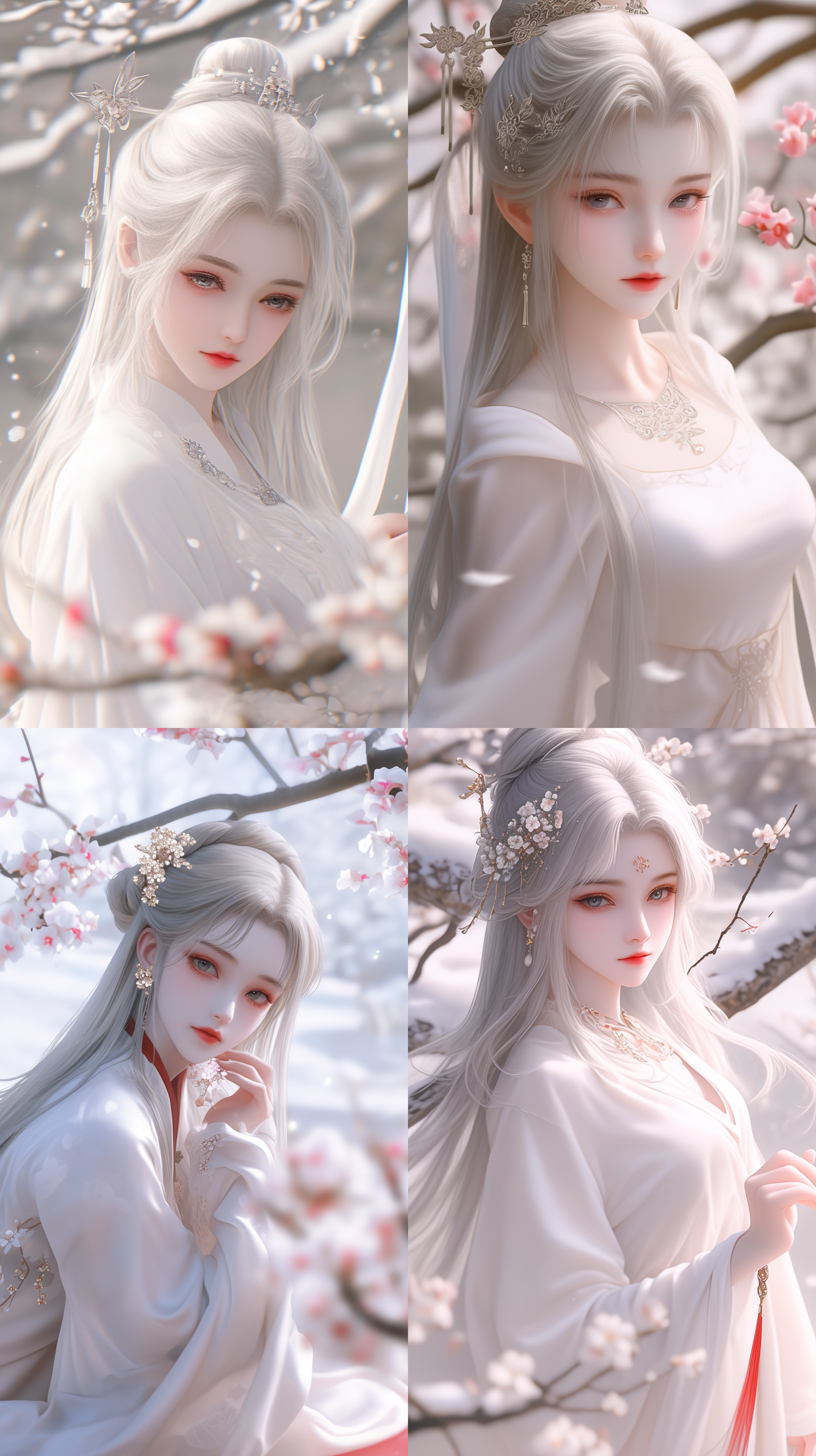 古典美女，国风，精致透光古装，白色长发，发鬓，柳眉，大眼睛，桃花唇，肤质细膩，超清五官，脸上打光，自然光，柔光，对称构图，长焦镜头，细膩纹理，32k高清壁纸，超高清画质，绝美容颜，广角镜头，全景透视，正面图，仙侠风格