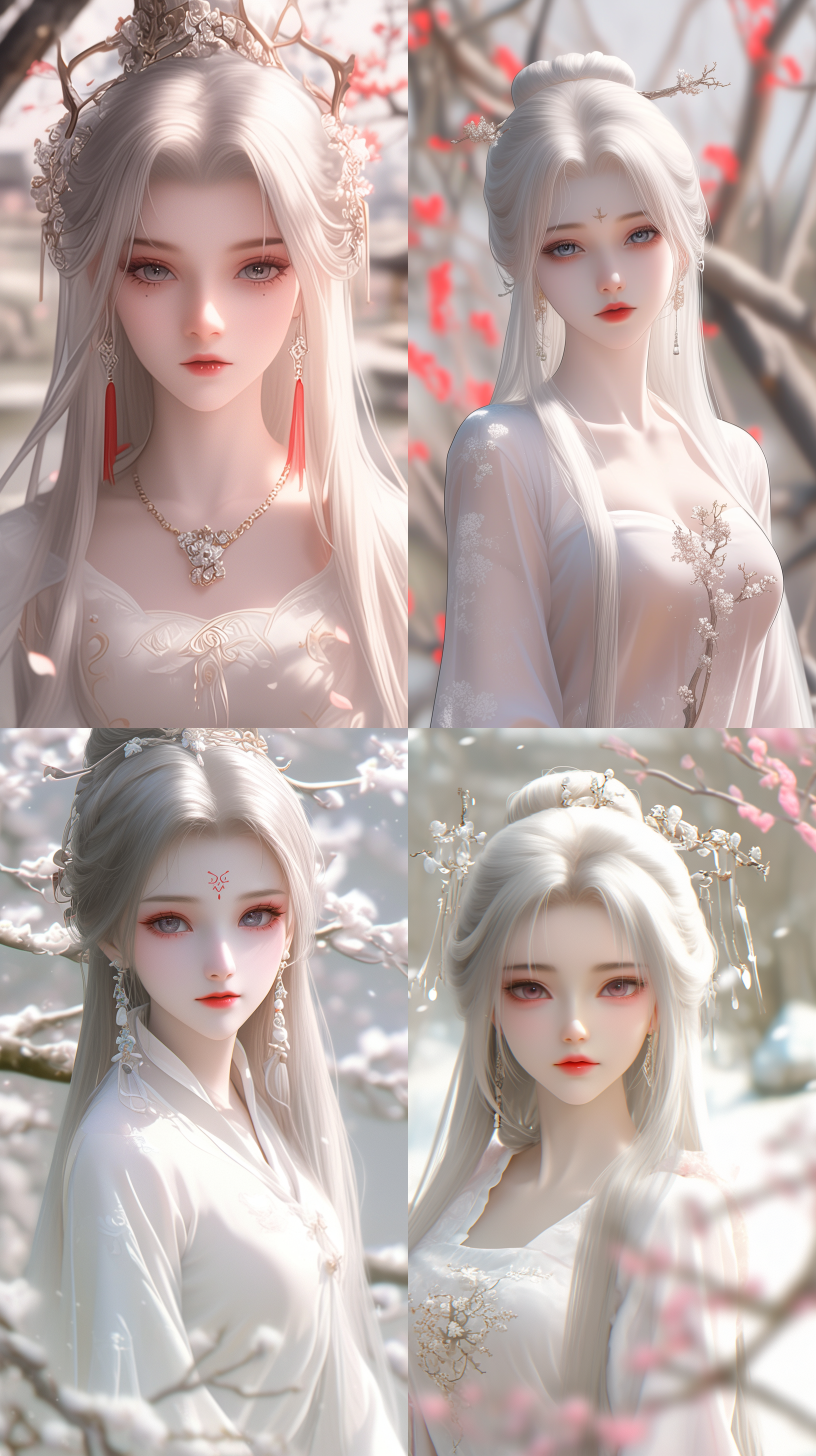 古典美女，国风，精致透光古装，苏绣，白色长发，发鬓，柳眉，大眼睛，桃花唇，肤质细膩，超清五官，脸上打光，自然光，柔光，对称构图，长焦镜头，细膩纹理，32k高清壁纸，超高清画质，绝美容颜，广角镜头，全景透视，正面图，仙侠风格