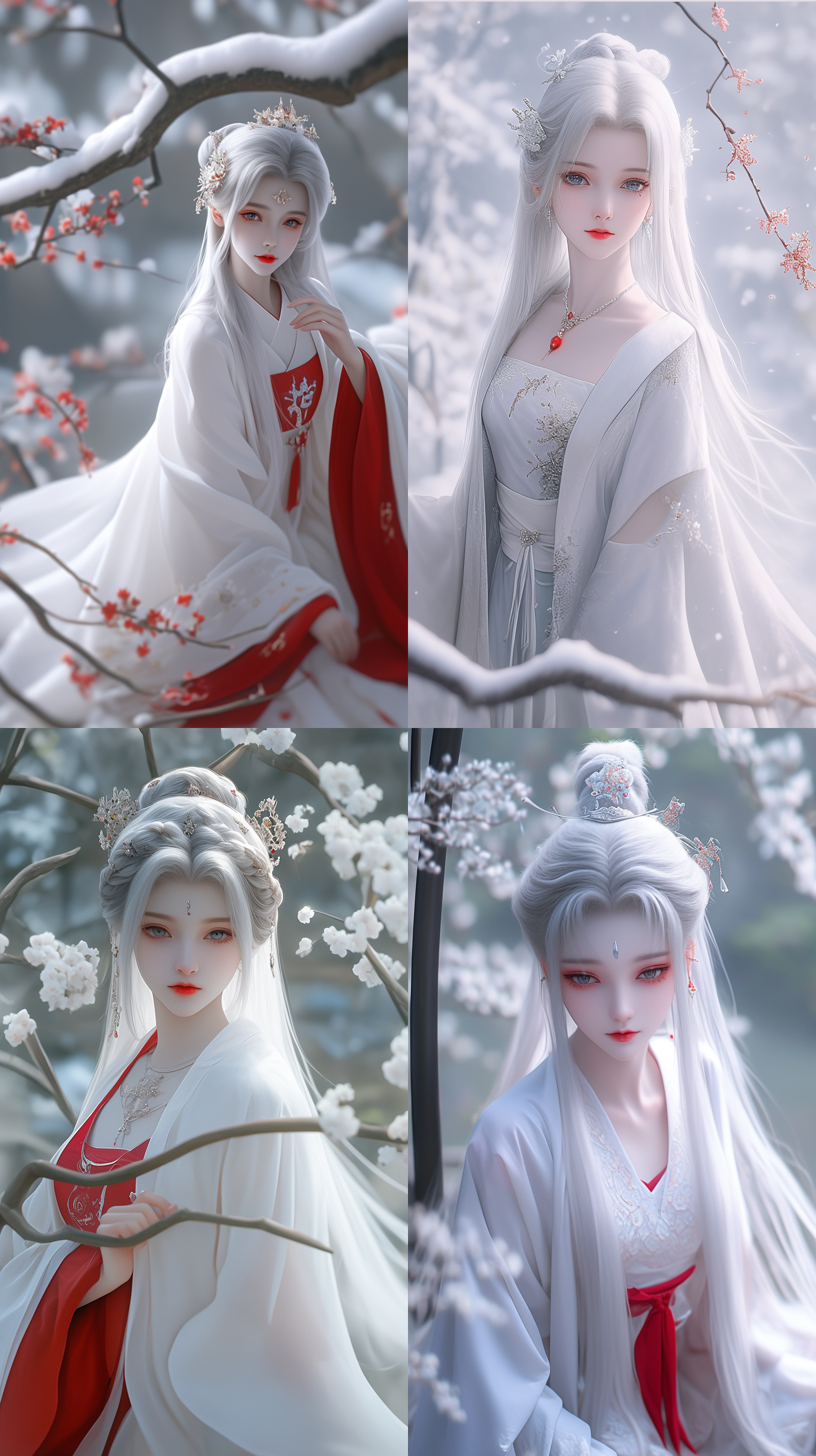 古典美女，国风，精致透光古装，苏绣，白色长发，华丽发鬓，柳眉，大眼睛，桃花唇，肤质细膩，超清五官，脸上打光，自然光，柔光，对称构图，长焦镜头，细膩纹理，32k高清壁纸，超高清画质，绝美容颜，广角镜头，全景透视，正面图，仙侠风格