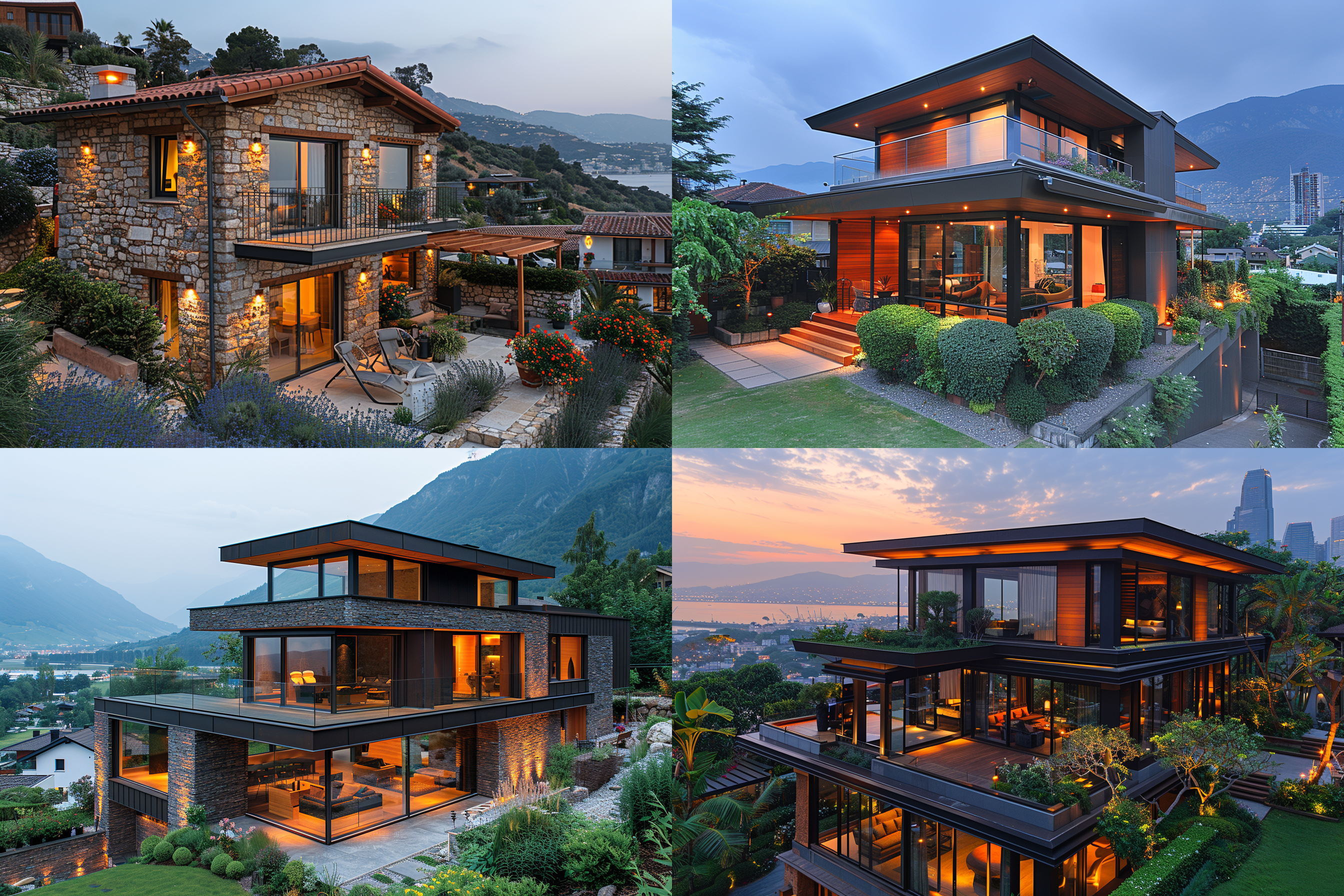 居住别墅，外观简约，绿植，两层，温馨，全景图，暖光灯 当代建筑 法式花园