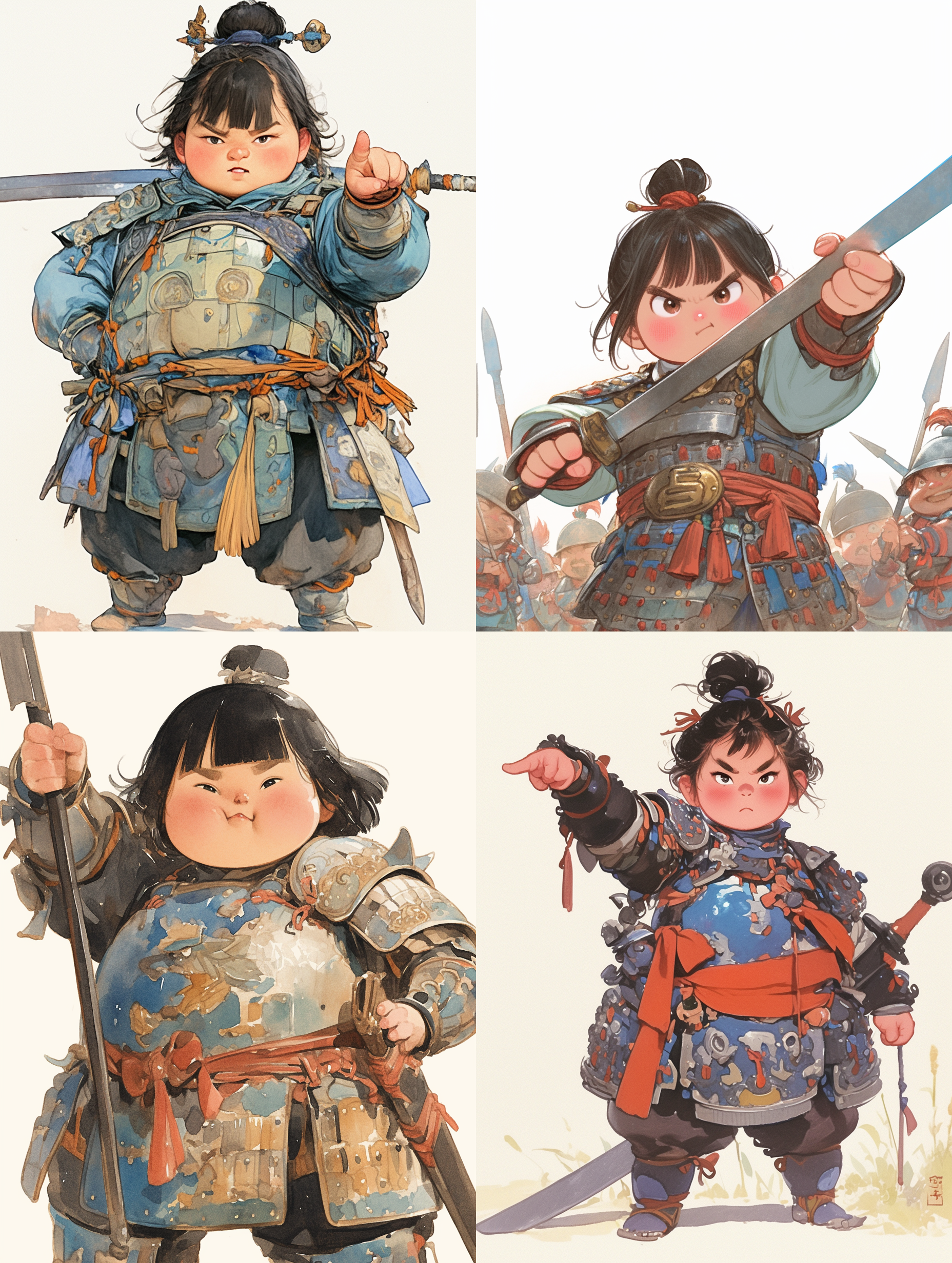 亚洲 铠甲的小女孩，胖嘟嘟的，英姿飒爽，手拿着刀剑，手指对面，夸张姿势，卡通水彩插画，白色干净背景，4k分辨率，明亮色彩，生动表情，简洁构图，清新风格，平面设计，艺术感，趣味性。