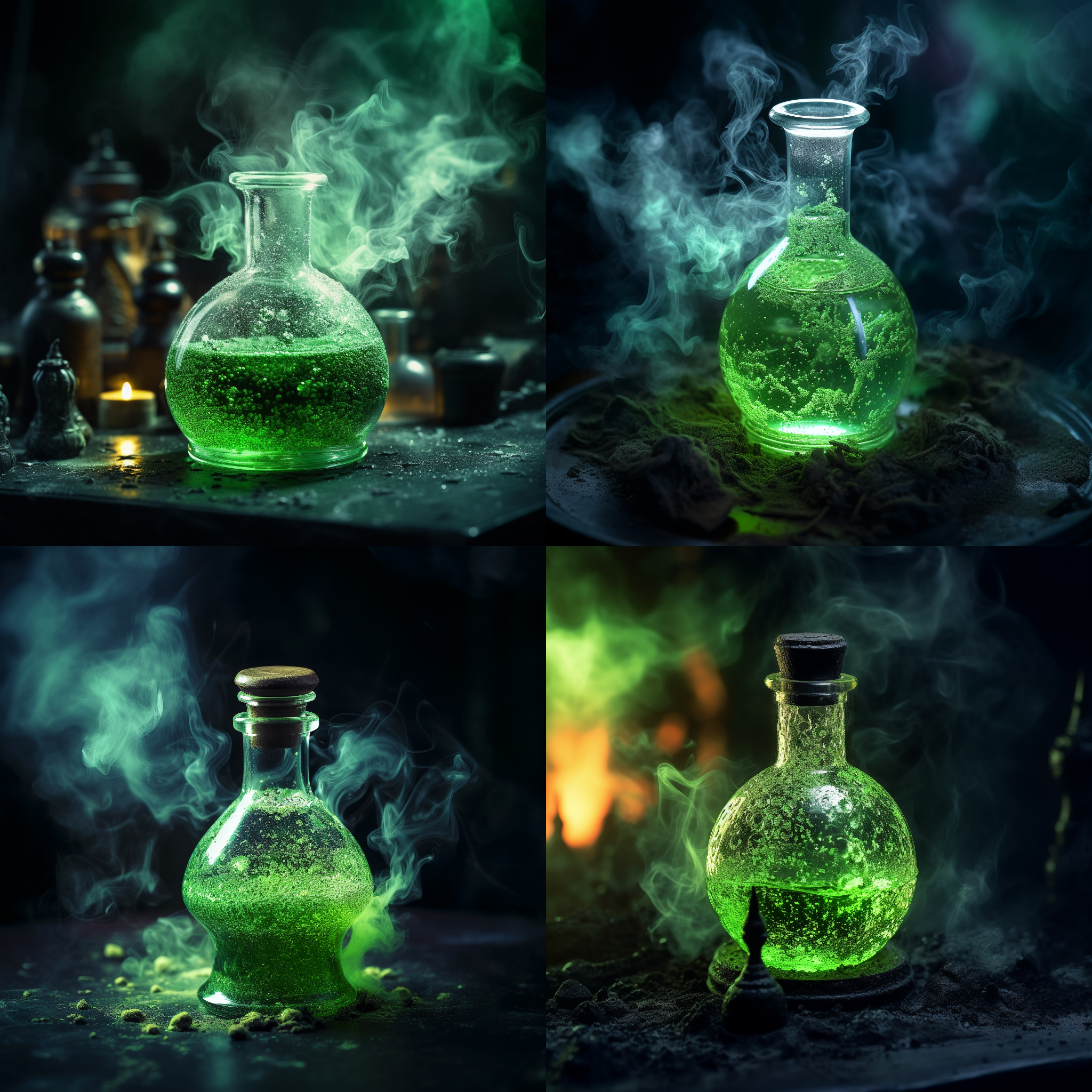 魔法药水，绿色泡沫，剧毒，实验室背景，微距镜头，暗色调，顶光，动态模糊，危险，神秘。
