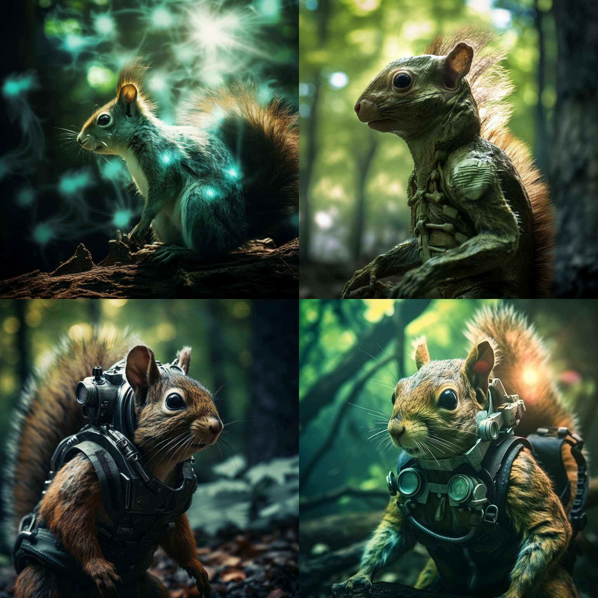 变异松鼠，科幻风格，森林背景，异形外观，绿色调，超现实，长焦镜头，逆光，神秘感，恐惧，不自然。