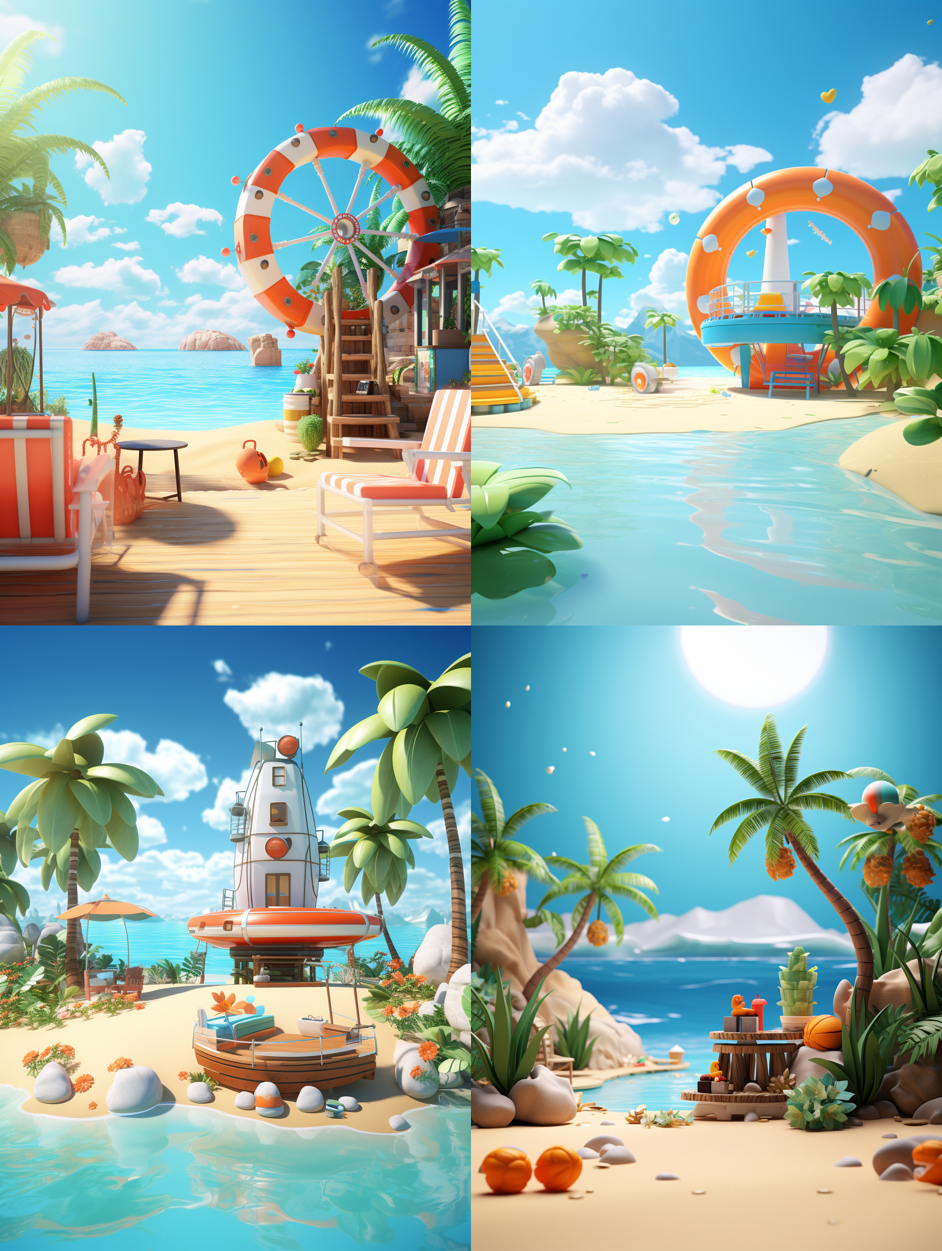 seaside beach scene, flat cylindrical table, cleantable, stage lighting, surrounded by modeling cartoonboat, modeling cartoon swimmingig circle, modelingcartoon plant, cool feeling, atmosphere sense, scenedesign,c4d, 3d modeling,oc rendering, centercomposition, low angle shooting, super wide angle,8k