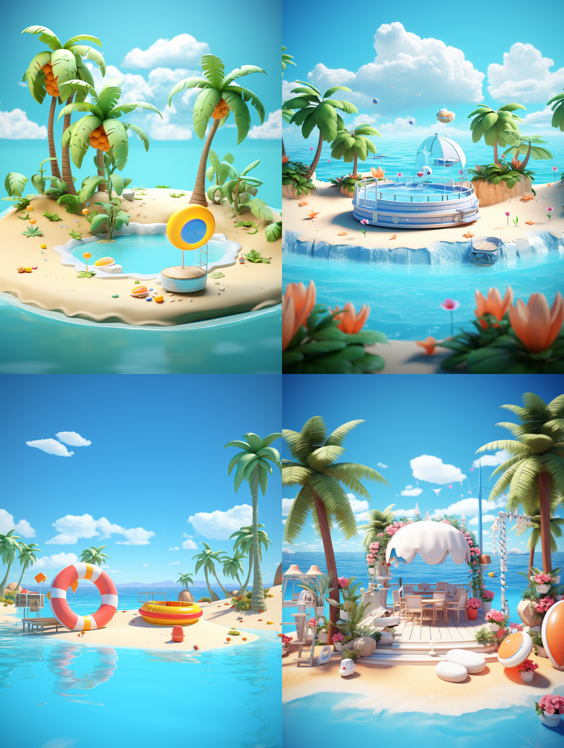 seaside beach scene, flat cylindrical table, cleantable, stage lighting, surrounded by modeling cartoonboat, modeling cartoon swimmingig circle, modelingcartoon plant, cool feeling, atmosphere sense, scenedesign,c4d, 3d modeling,oc rendering, centercomposition, low angle shooting, super wide angle,8k