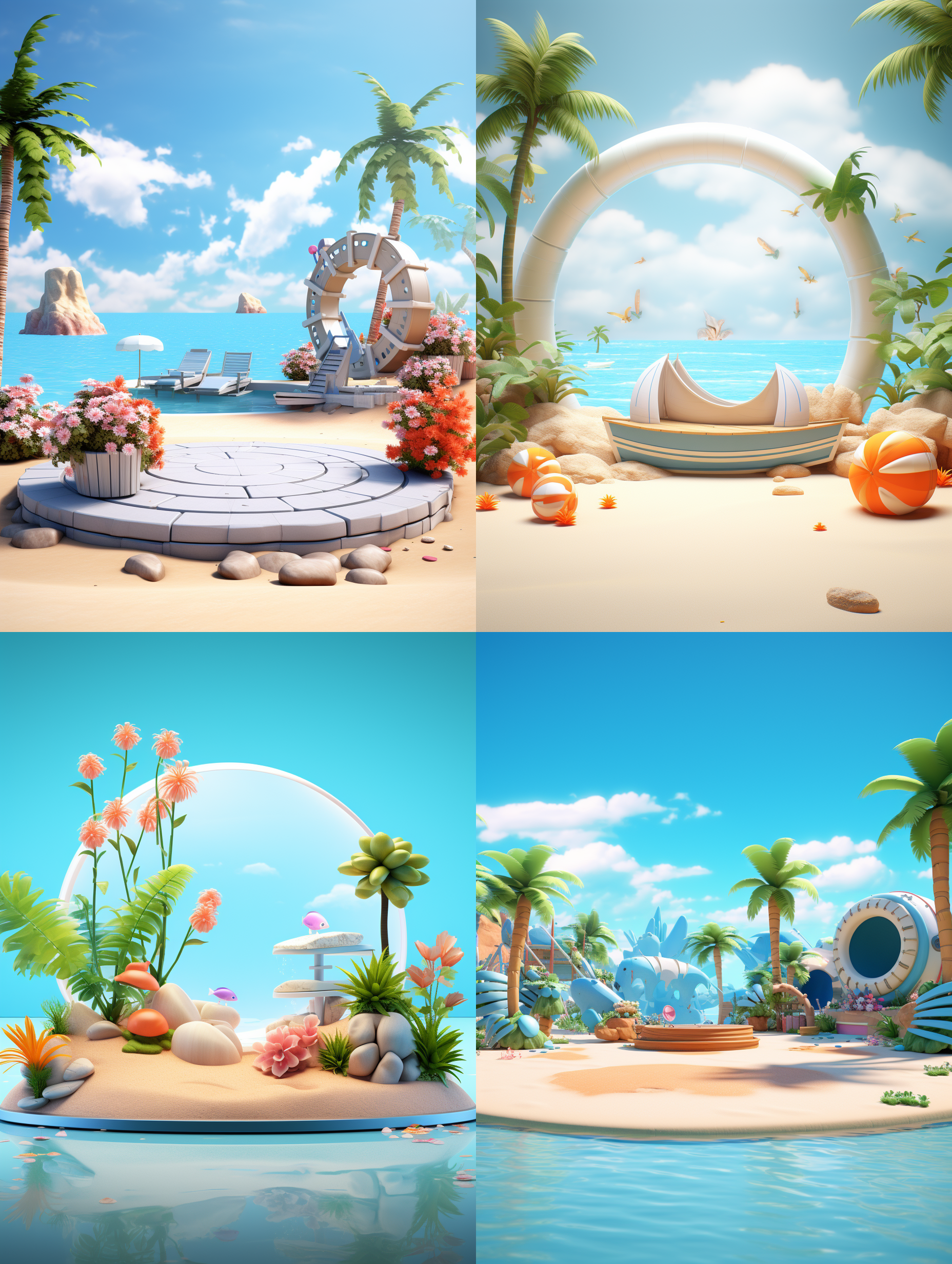 seaside beach scene, flat cylindrical table, cleantable, stage lighting, surrounded by modeling cartoonboat, modeling cartoon swimmingig circle, modelingcartoon plant, cool feeling, atmosphere sense, scenedesign,c4d, 3d modeling,oc rendering, centercomposition, low angle shooting, super wide angle,8k