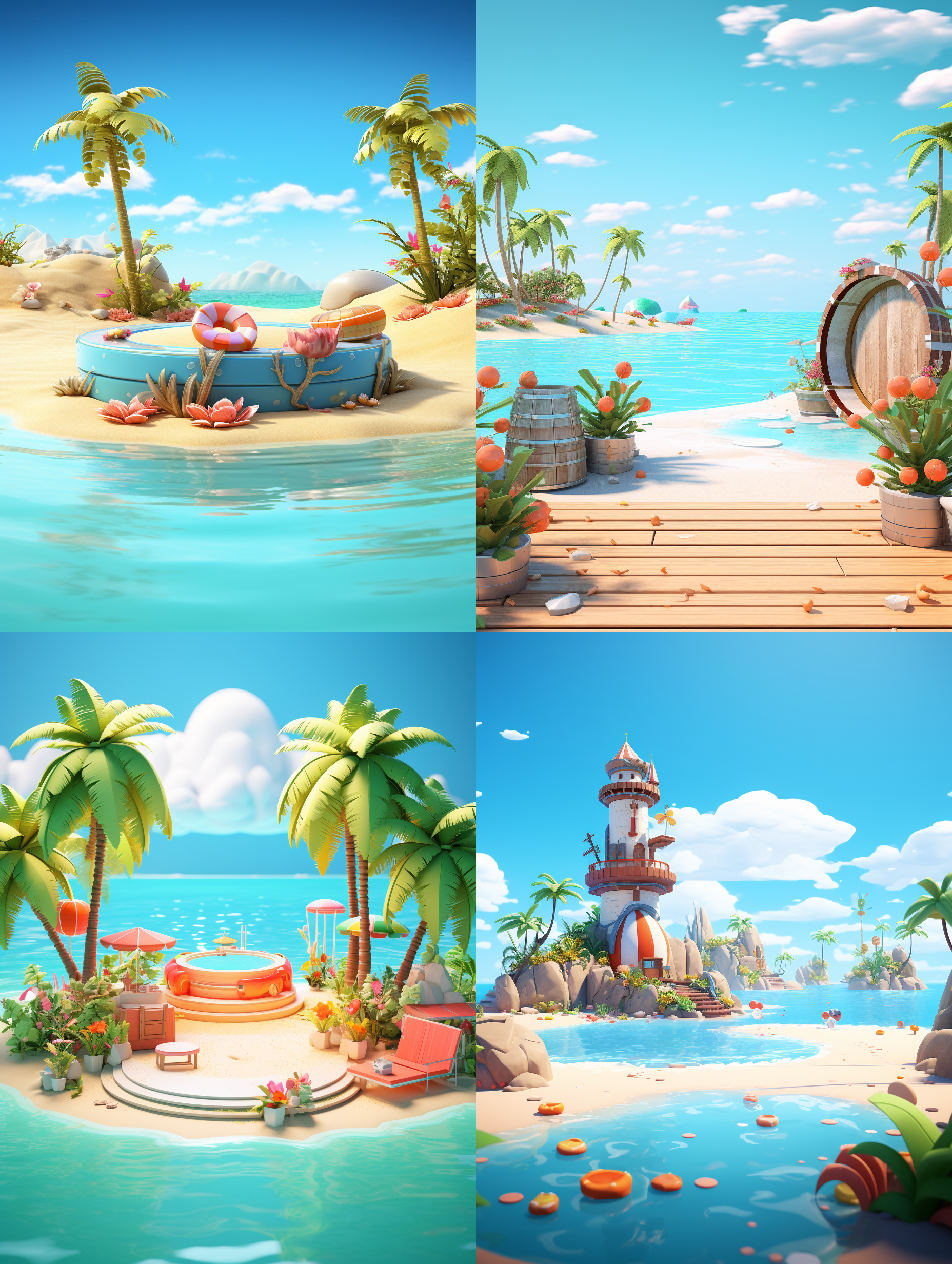 seaside beach scene, flat cylindrical table, cleantable, stage lighting, surrounded by modeling cartoonboat, modeling cartoon swimmingig circle, modelingcartoon plant, cool feeling, atmosphere sense, scenedesign,c4d, 3d modeling,oc rendering, centercomposition, low angle shooting, super wide angle,8k