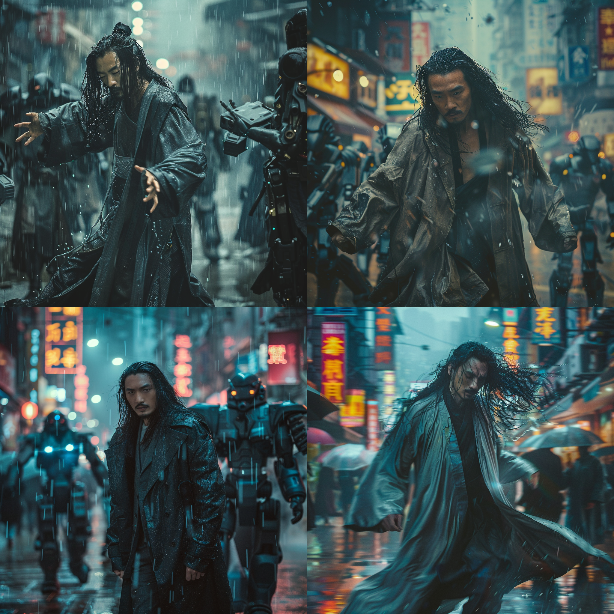 中国长发男士，络腮胡，长大衣，小雨天气，机器人并肩作战，真实风格，街头背景，广角镜头，柔和光线，动态模糊，紧张氛围，冷色调，面部表情坚定。