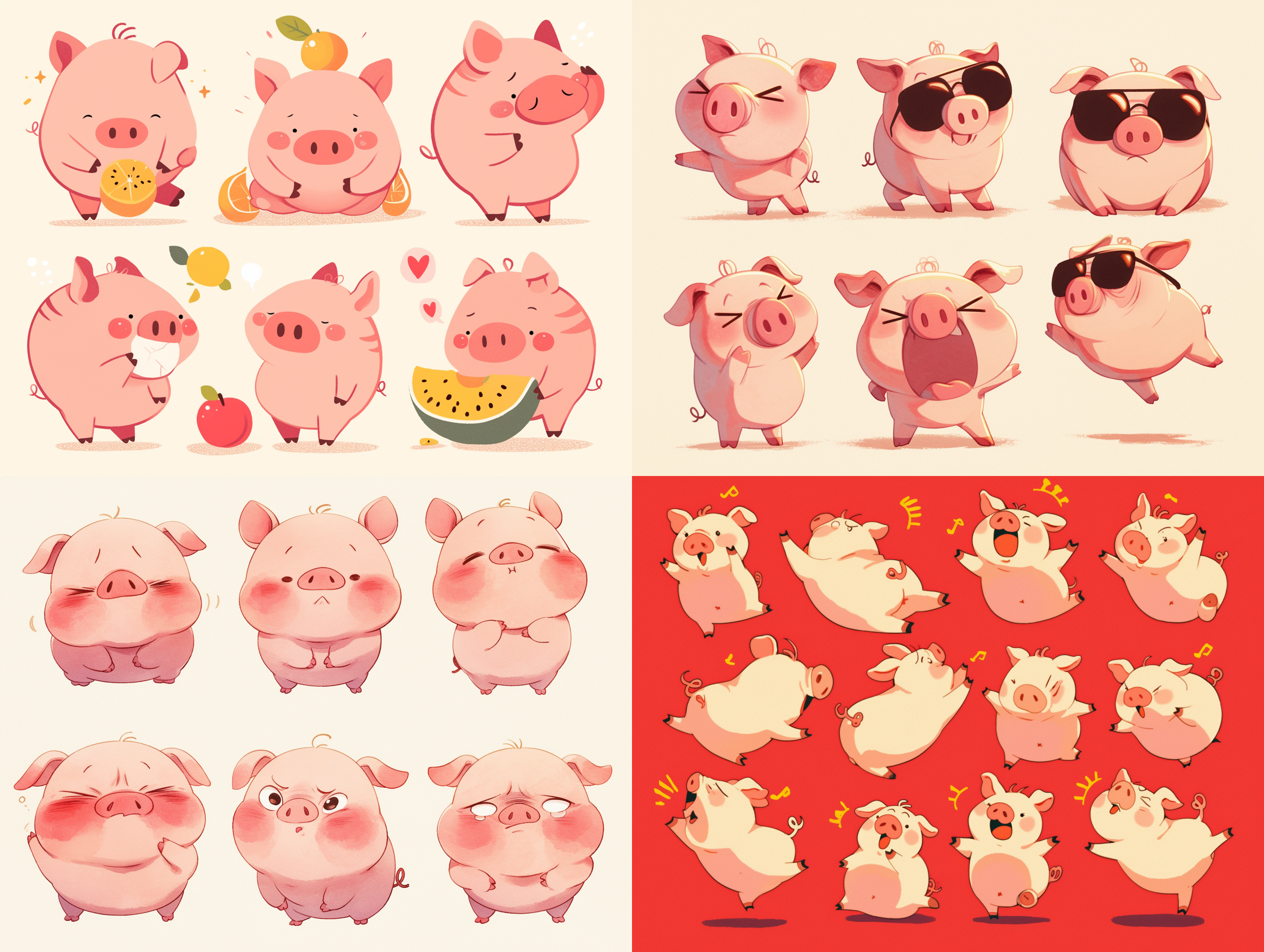 小猪吉祥物，多姿势表情，开心伤心生气，纯线插图，纯色填充，圆胖可爱，简洁线条，明亮色彩，商业广告，卡通插画，品牌形象，动态捕捉，平面设计，柔和光线，温馨氛围，亲和力，活泼生动