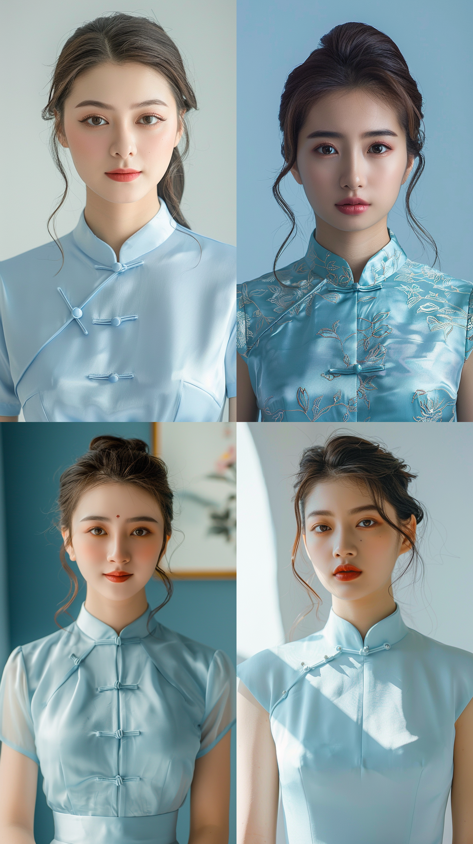 年轻女性，五官自然，天青色真丝修身旗袍，盘扣，礼仪客服，专业优雅，面向前方，全身照，高清，时尚杂志，广告，白皙肤色，柔和光线，自然光，细节丰富，专业姿态，全身构图，专业摄影，时尚风格，自然妆容，优雅姿态，细节清晰，柔和色调，自然光照明，专业模特，时尚广告，高清画质，优雅气质。