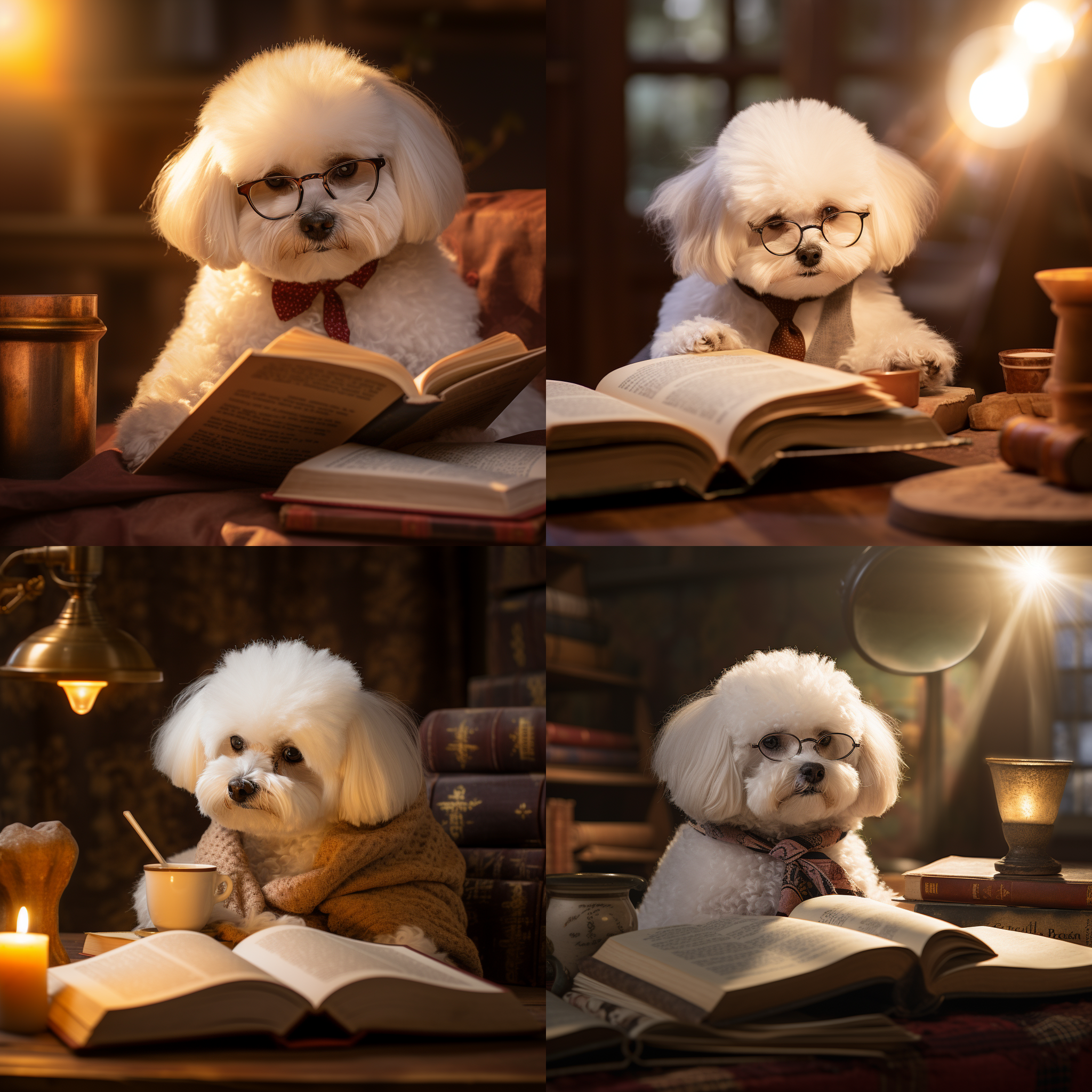 比熊戴眼镜看书，温馨室内，柔和光线，近景，自然光，专注表情，棕色毛发，木质书桌，宁静氛围。