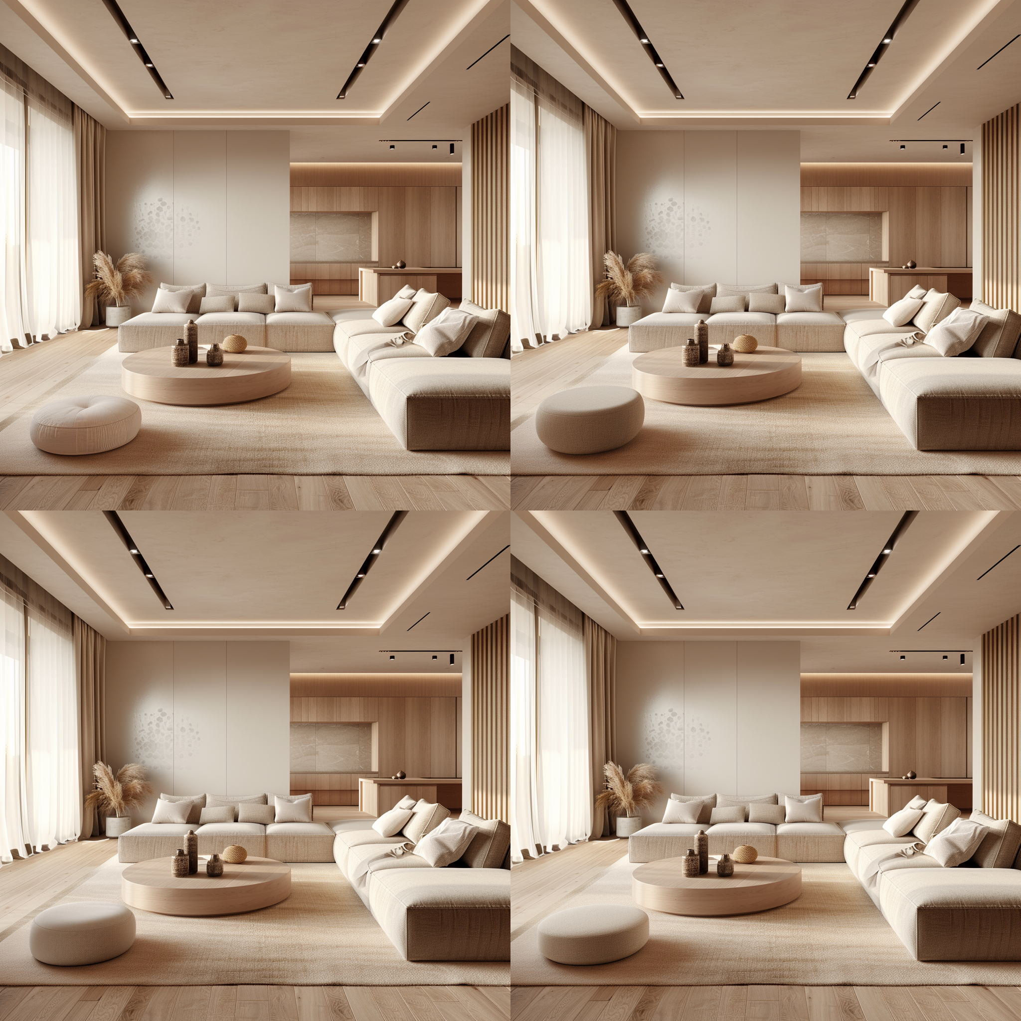 现代客厅，温馨舒适，16k分辨率，简洁建筑风格，米色朦胧，木地板，对称构图，自然光，宽镜头，柔和色调，宁静氛围。