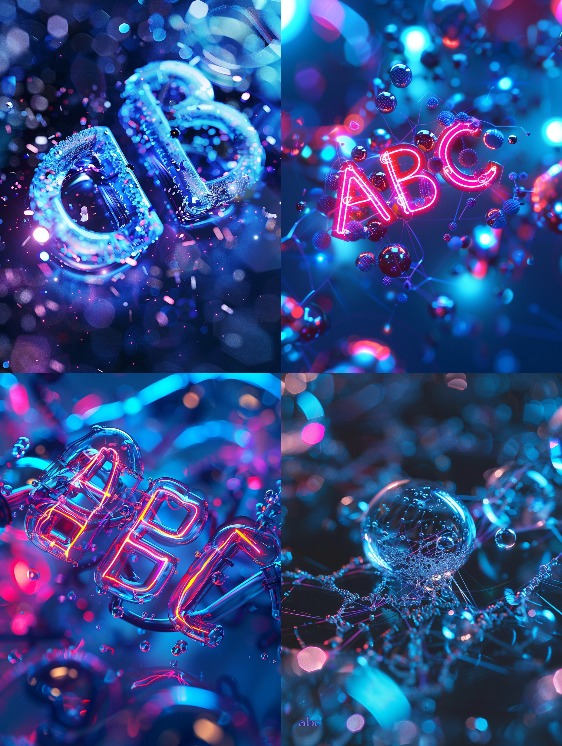 数字“abc”，蓝色背景，透明气泡，赛博朋克光，柔光，激光颜色，c4d，中心构图，高饱和度，科技感，反射光，粒子效果，未来感，冷色调，动态模糊，透明质感，光影交错。