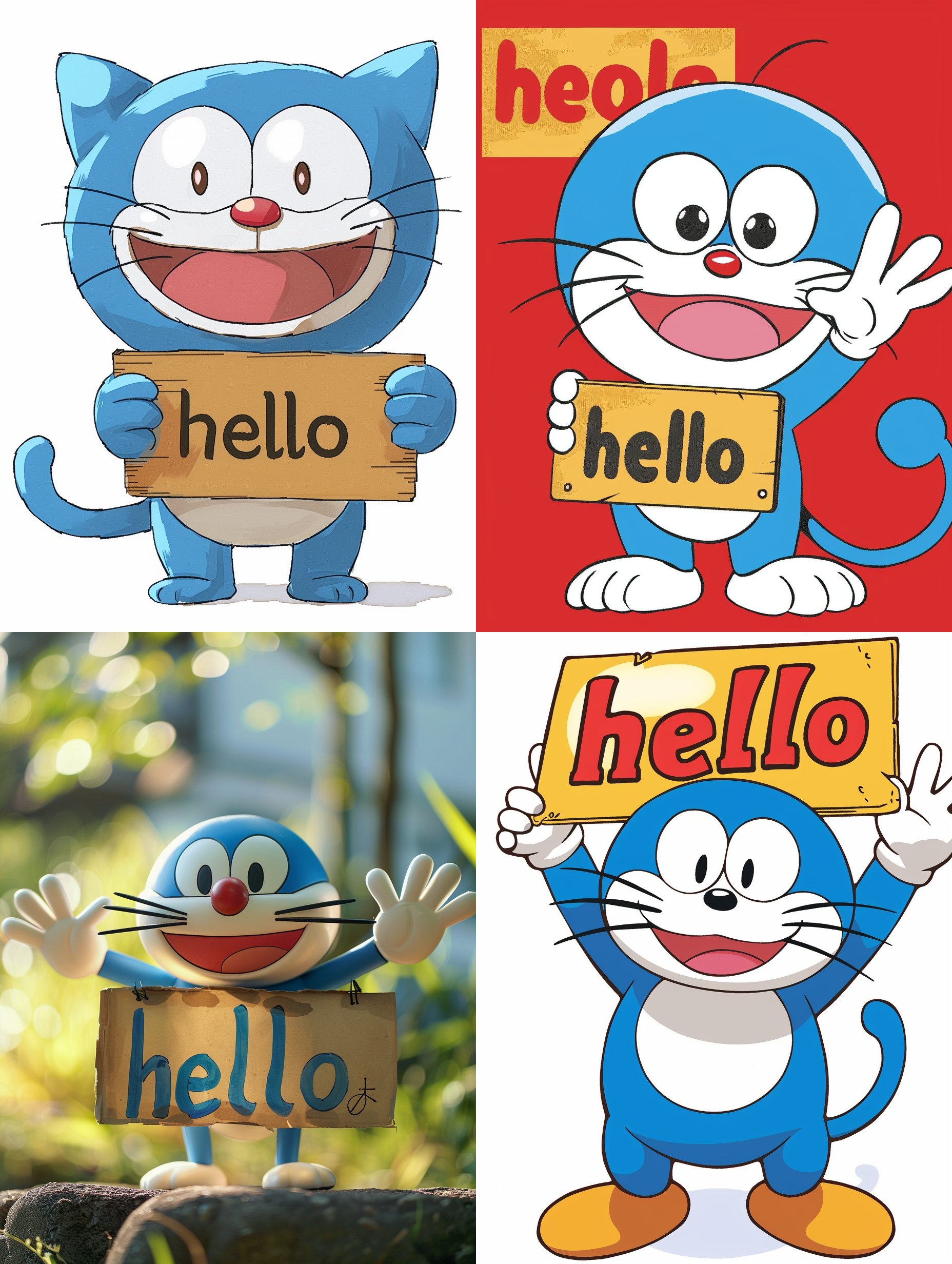 多啦a梦，举着一个牌子，上面写着“hello”