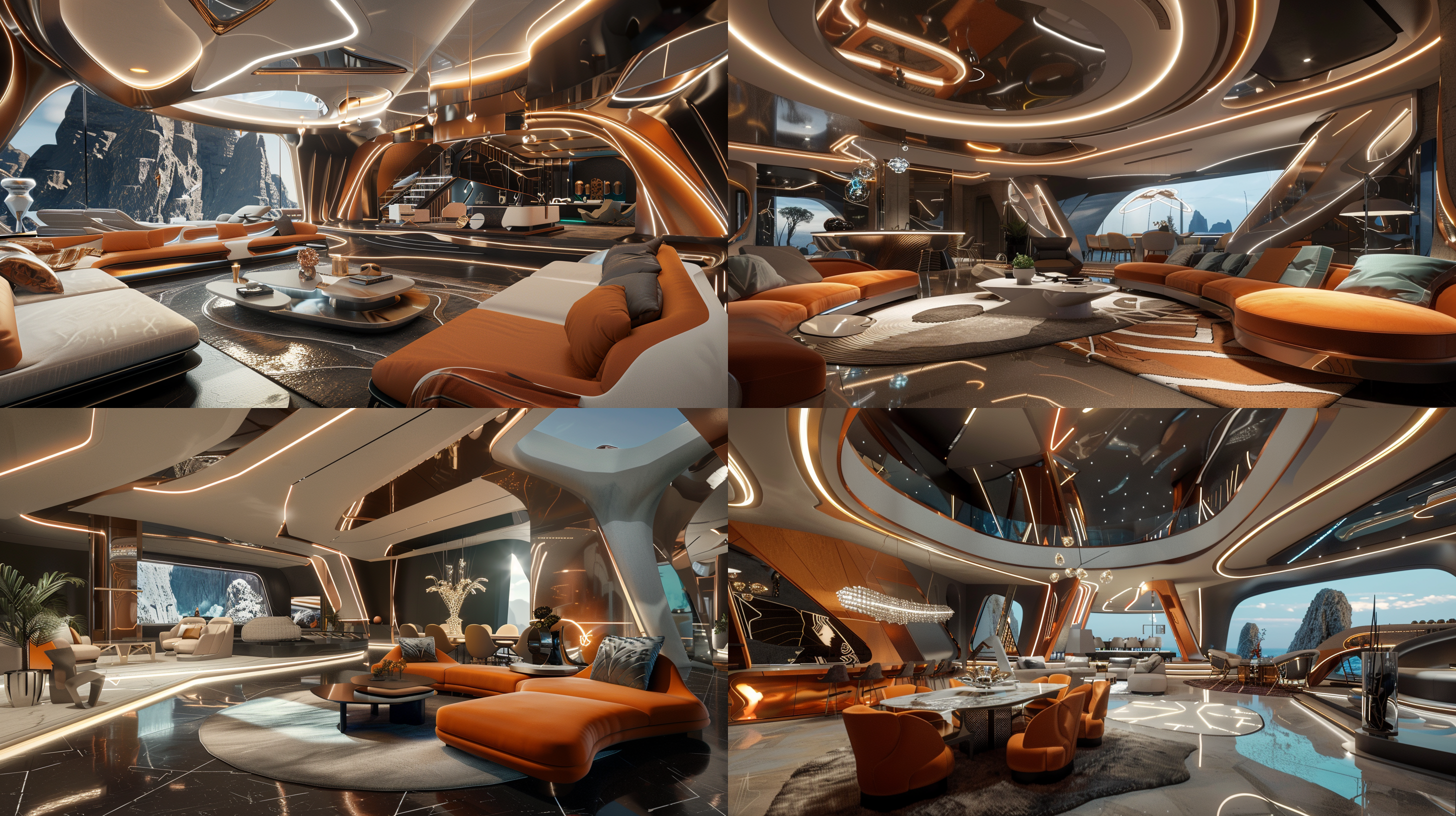 室内效果图，客餐厅空间，未来科技感，开放式设计，冷色调，金属质感，led灯光，全景镜头，顶光，高动态范围，简洁线条，现代家具，科技感装饰，冷静氛围。