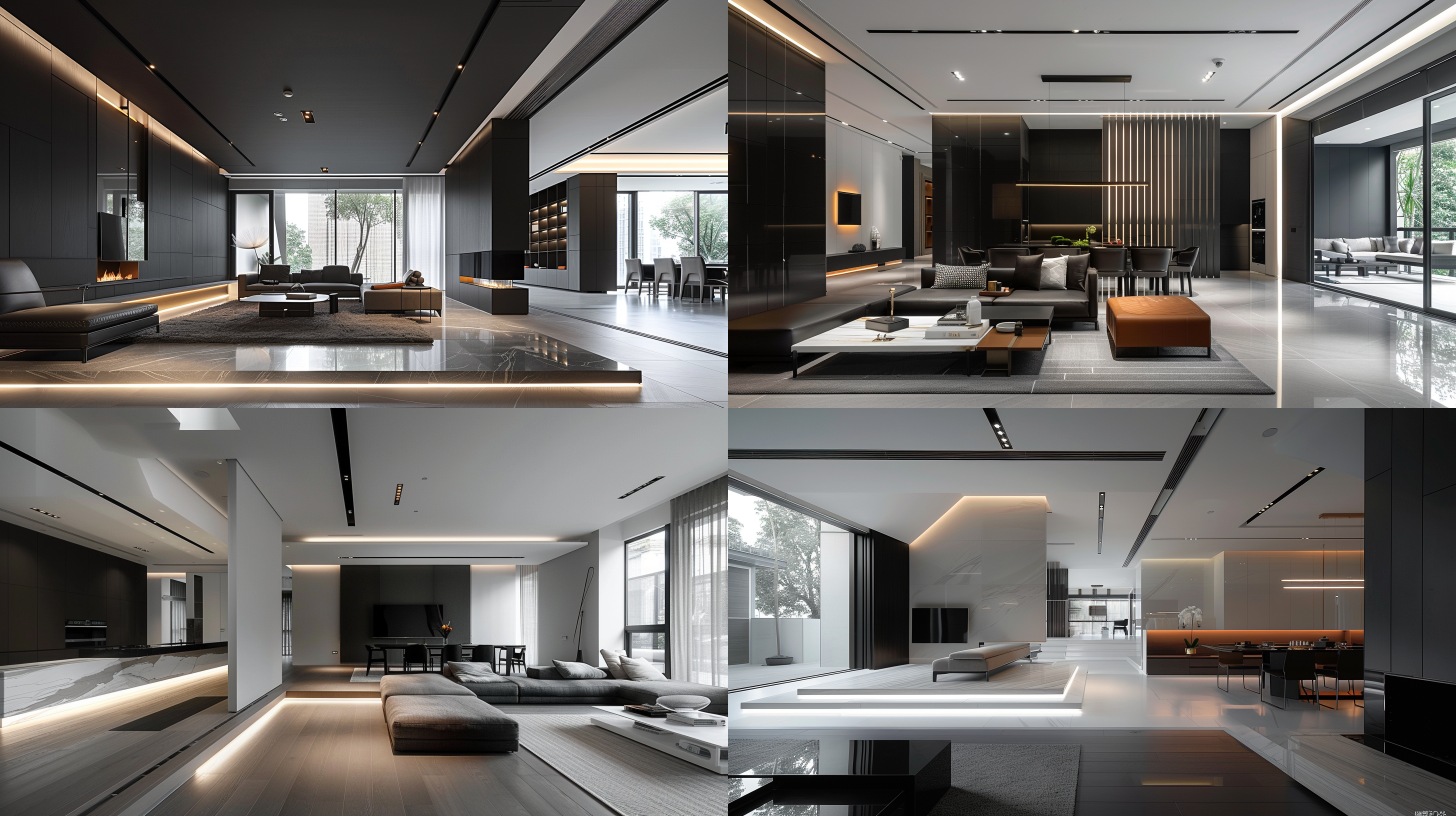 现代极简意式客餐厅，开放式布局，大理石与木质结合，柔和自然光，长焦镜头，细节清晰，中性色调，舒适宁静。