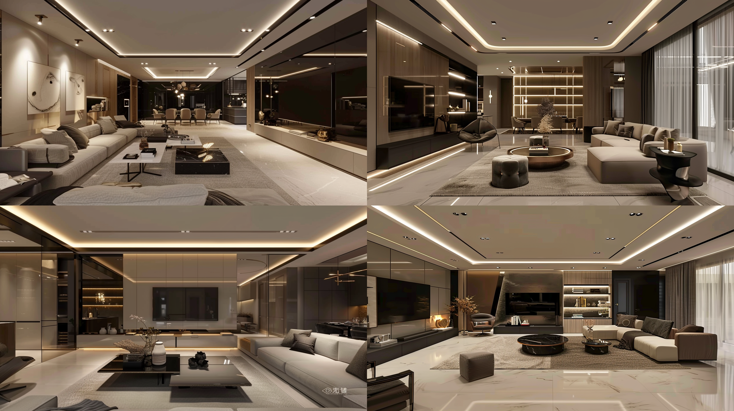 轻奢意式风格，室内效果图，暗色系，天花无主灯，木饰墙面装饰。