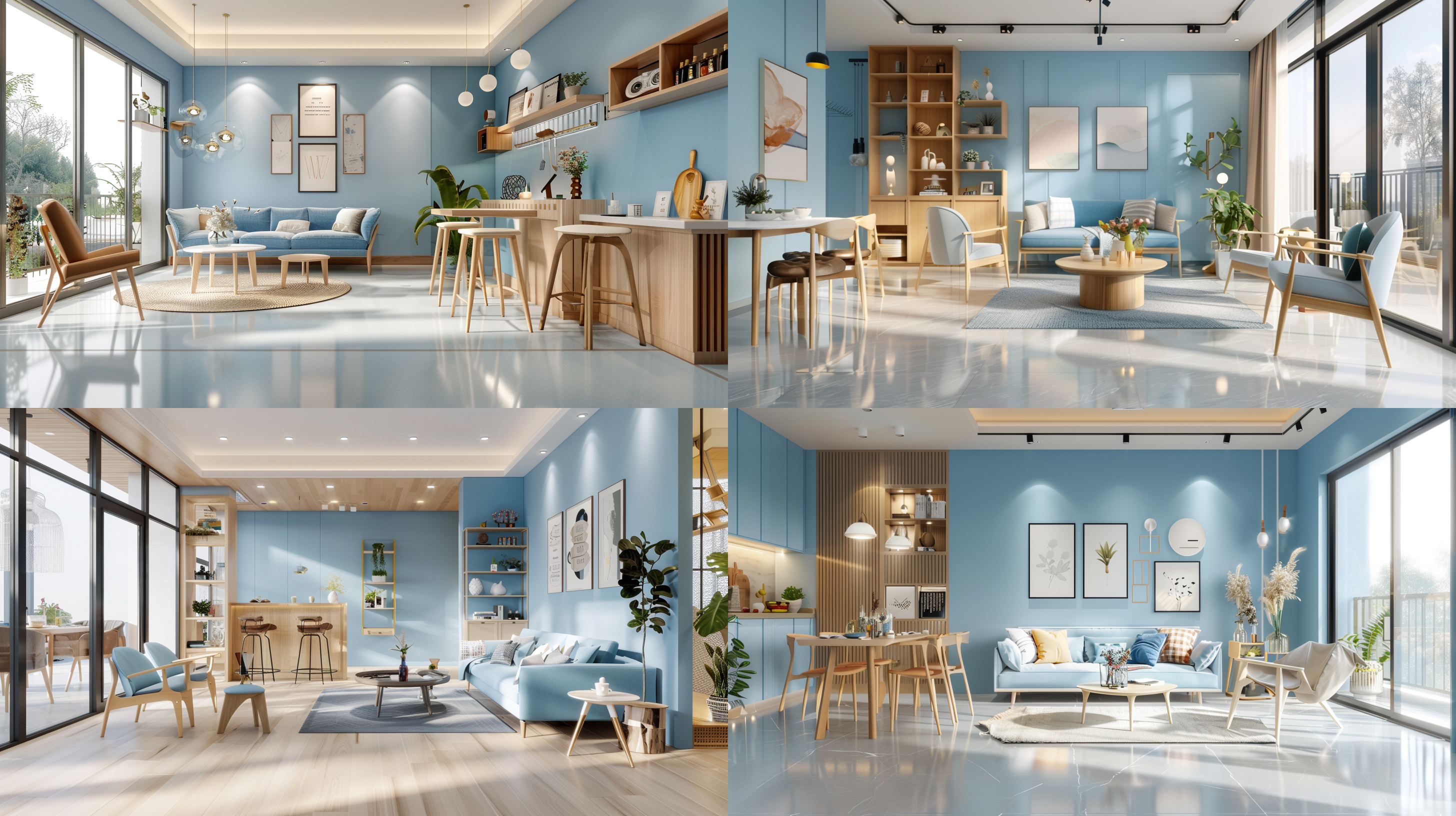 北欧风格室内设计，蓝色主调，柔和阳光，落地玻璃，蓝色背景，原木色家具，360度全景，16k高清，宽敞明亮，自然光，细节丰富，现代简约，舒适氛围，宁静和谐。 360度全景