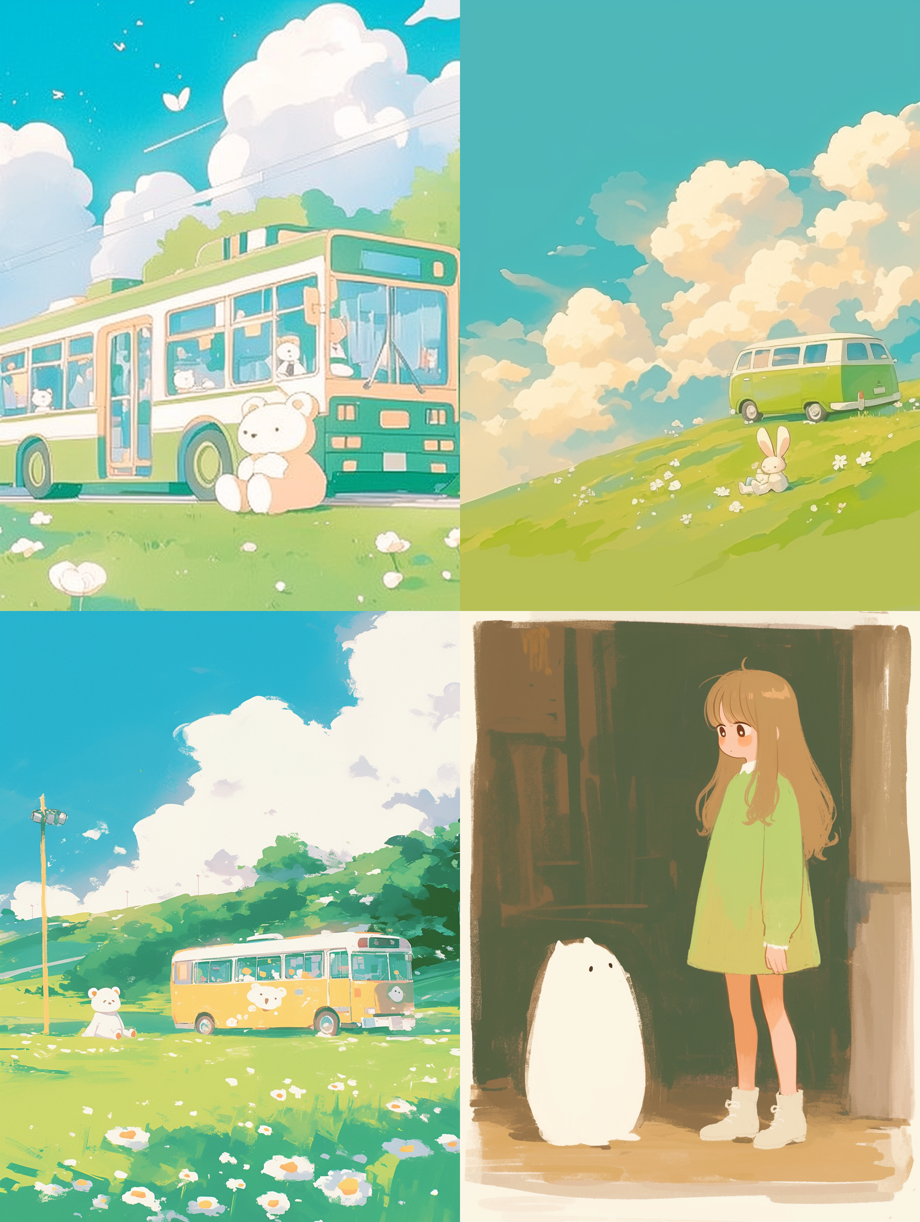 春天充满生机，草原上的巴士，简约清新，白色泰迪熊坐在草地上，可爱插画，奇幻风格，简洁干净，手绘插画，可爱艺术，lynda barry作品，简单细节，极简主义，3:4比例，niji 6风格，无人物。