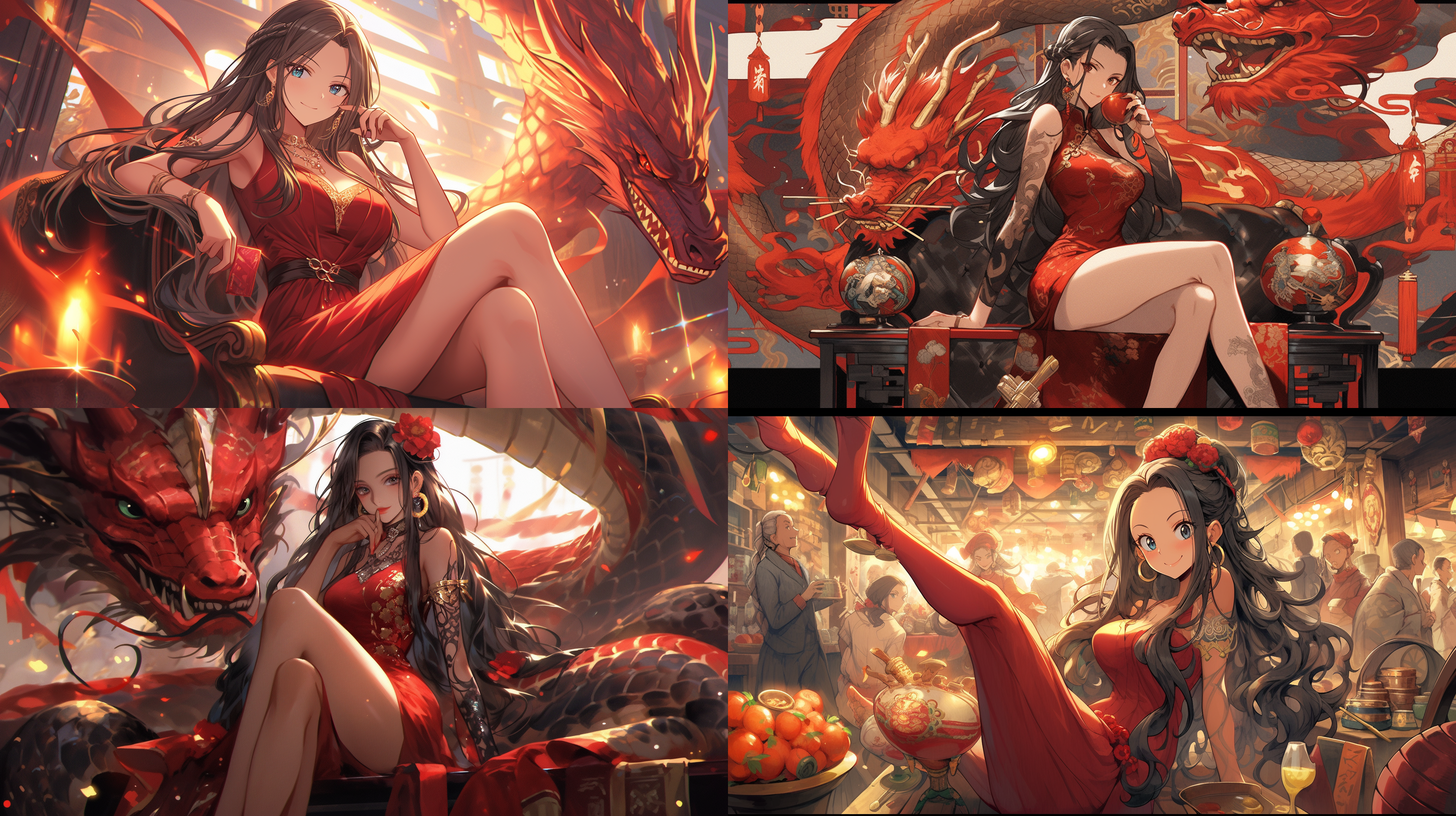 海贼王女帝波雅汉库克，红色旗袍，半蹲倒立，过膝袜，抱膝单腿伸开，大长腿，红格子短裙，高跟鞋，超级细节，优雅气质，艺术感，8k，高分辨率，红色调，室内光，广角镜头，侧光，动态捕捉，细节丰富，优雅动作，艺术构图，情感表达。