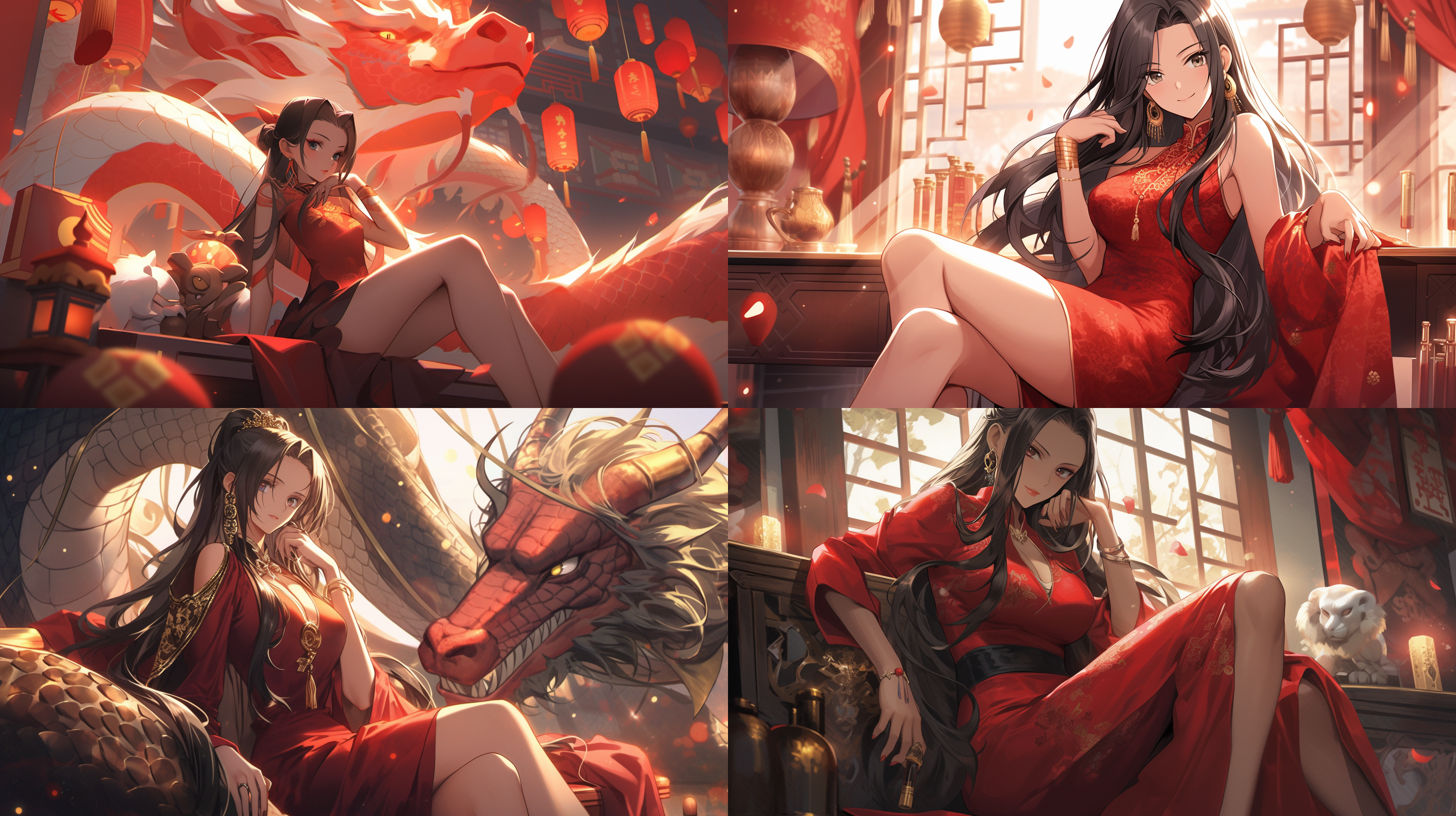 海贼王女帝波雅汉库克，红色旗袍，半蹲倒立，过膝袜，抱膝单腿伸开，大长腿，红格子短裙，高跟鞋，超级细节，优雅气质，艺术感，8k，高分辨率，红色调，室内光，广角镜头，逆光，动态捕捉，细节丰富，优雅姿态，艺术风格。