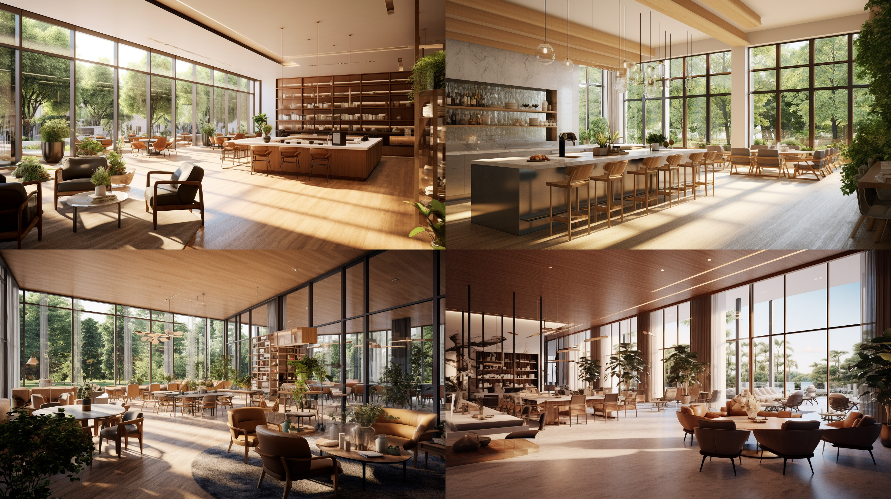 室内效果图，售楼处沙盘区，5星级，大窗户,一层，吧台，自然光，精致自然，4k，木地板，细节，高品质，木纹，白色顶部，优质感觉，高级感