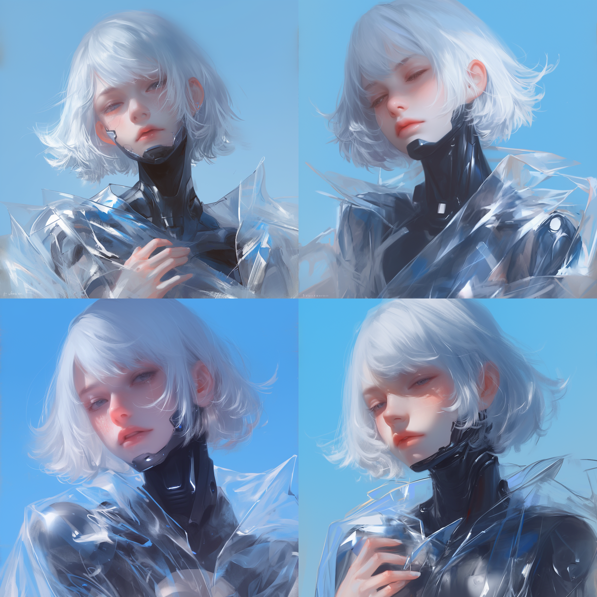 wlop and ross tran, fashionable futuristic woman, glowing line cracks in armor, silver haired, trending on artstaion, beautiful crying! android woman, cracked plastic wrap, anthropomorphic robot [ thing ], girl clouds, by gu hongzhong, by xu xi, blue hairs, frostbite
