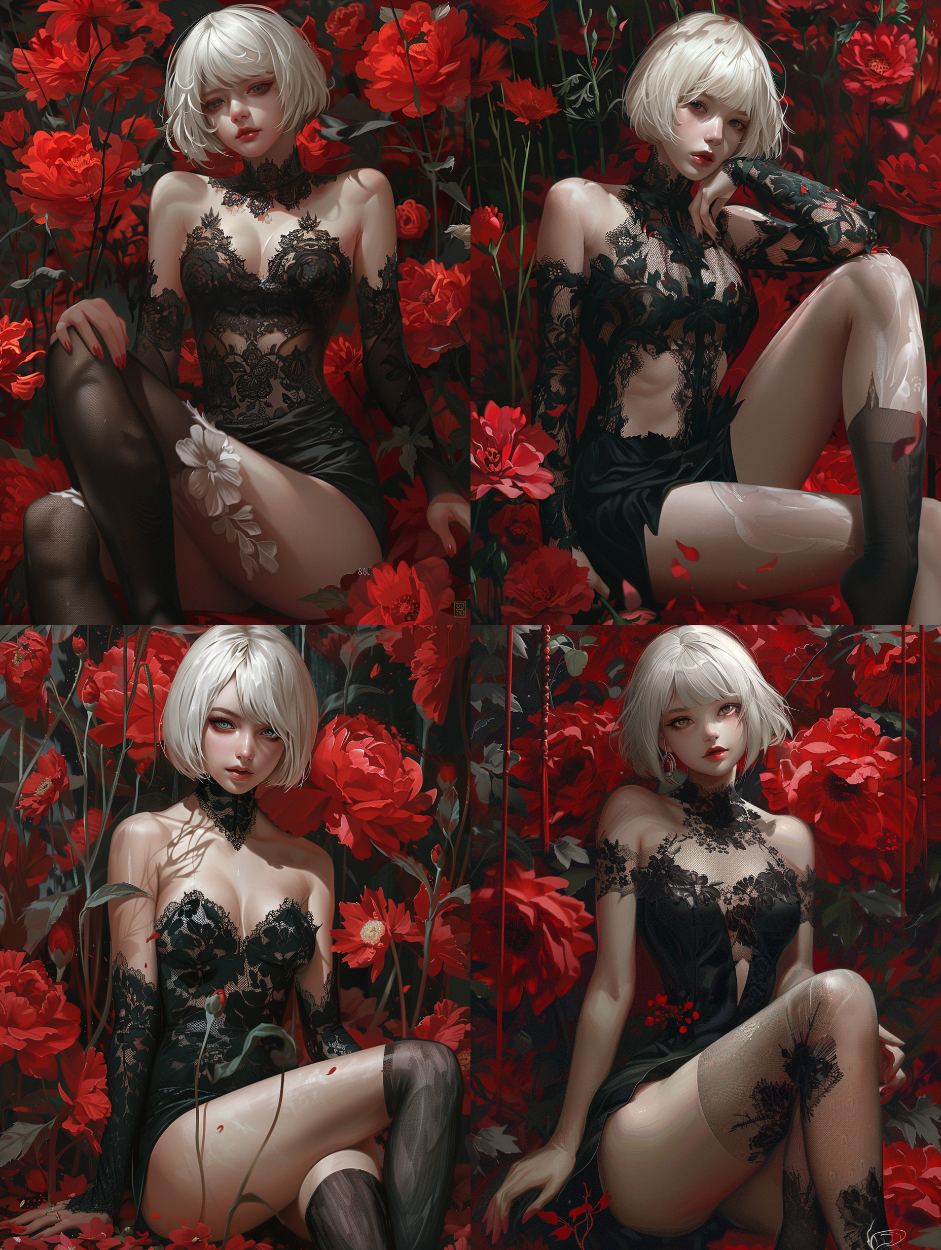 2b,white short hair,girl,cheongsam slit to the waist,black transparent clothes,lace flowers on thigh-high socks over slit the thigh,sitting down, leg raised,red and black flowers background,8k,super detail, pursuit of detail,artistic