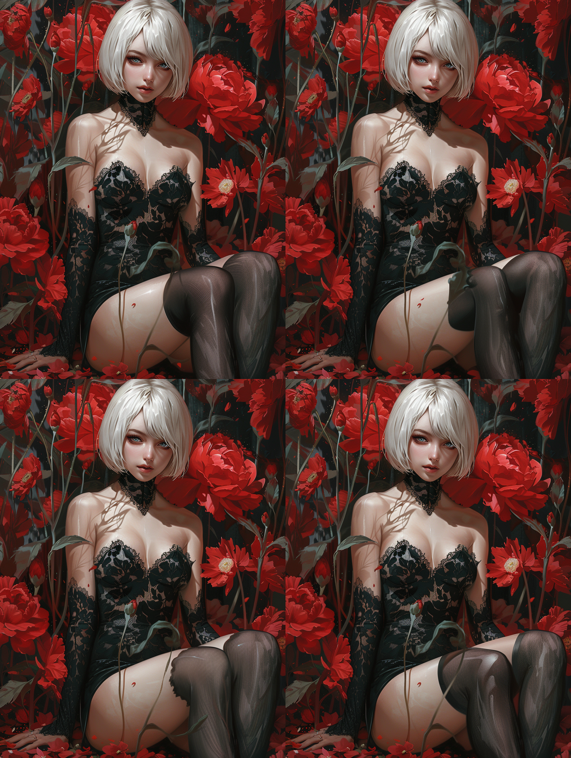2b,white short hair,girl,cheongsam slit to the waist,black transparent clothes,lace flowers on thigh-high socks over slit the thigh,sitting down, leg raised,red and black flowers background,8k,super detail, pursuit of detail,artistic