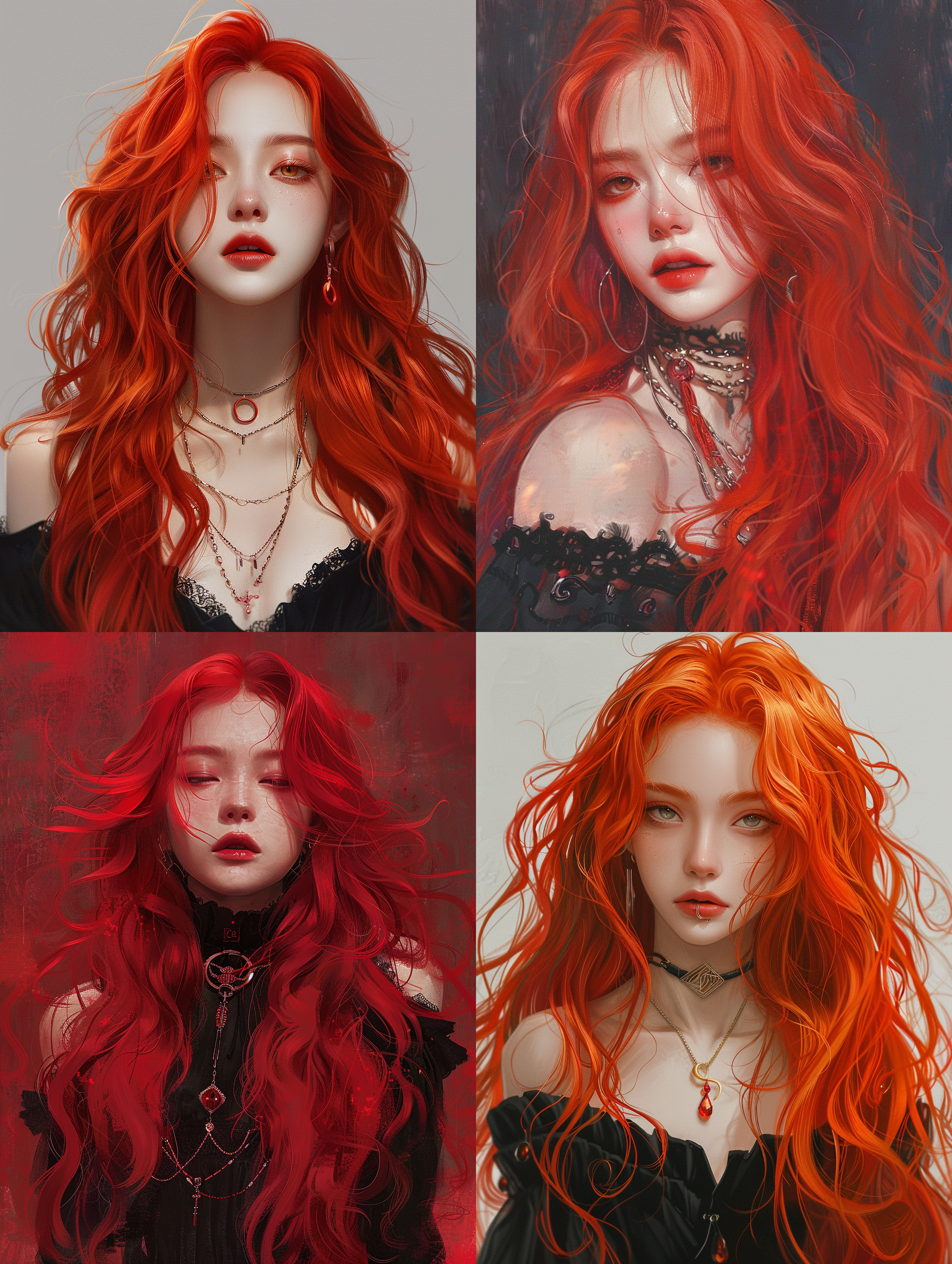 sophie cover album, very long wavy fiery red hair, inspired by jesper ejsing, marvelous designer, red jewelry, anemone, inspired by joong keun lee, james jean aesthetic, goth girl aesthetic, streaming on twitch, chinese artist, dramatic hair color, some red