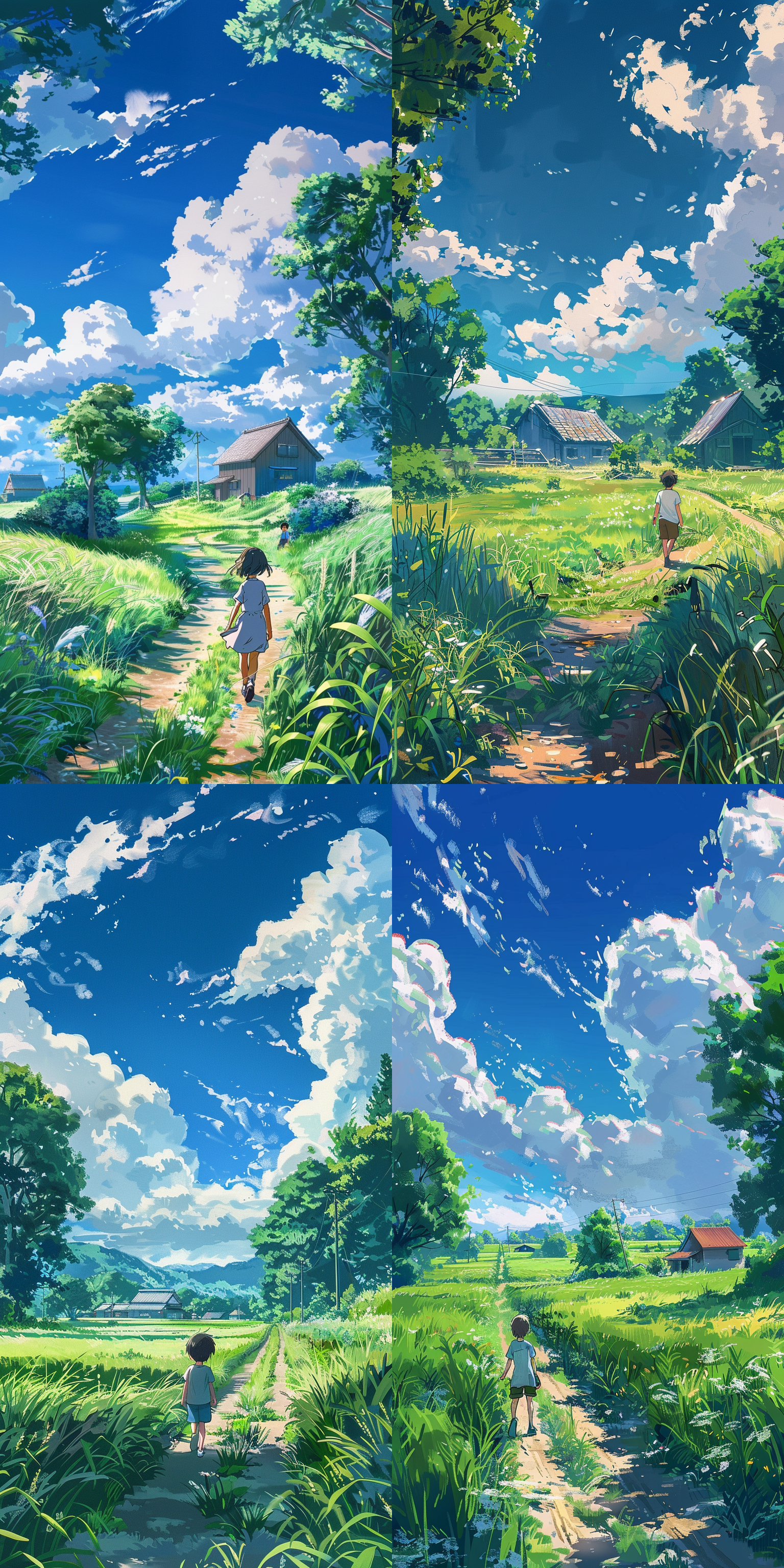 a child walks along the country road, in front of him is an endless green field with tall grass and trees on both sides of it. in the distance there are two houses, a blue sky and white clouds, in the style of miyazaki, in the style of makoto shinkai, in the style of miyama tatsuya, in the style of ghibli studio, miyamoto musashi,
