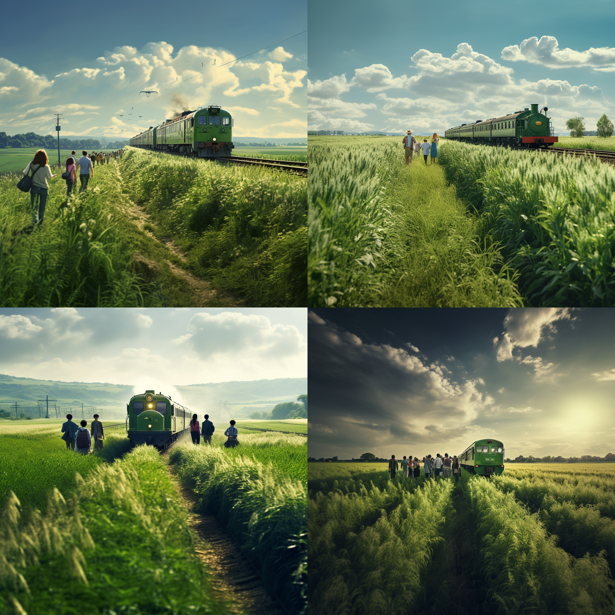 绿皮火车穿越田野，农民围观，广阔视野，自然风光，绿色调，长焦镜头，柔和光线，缓慢移动，好奇表情，田园生活。