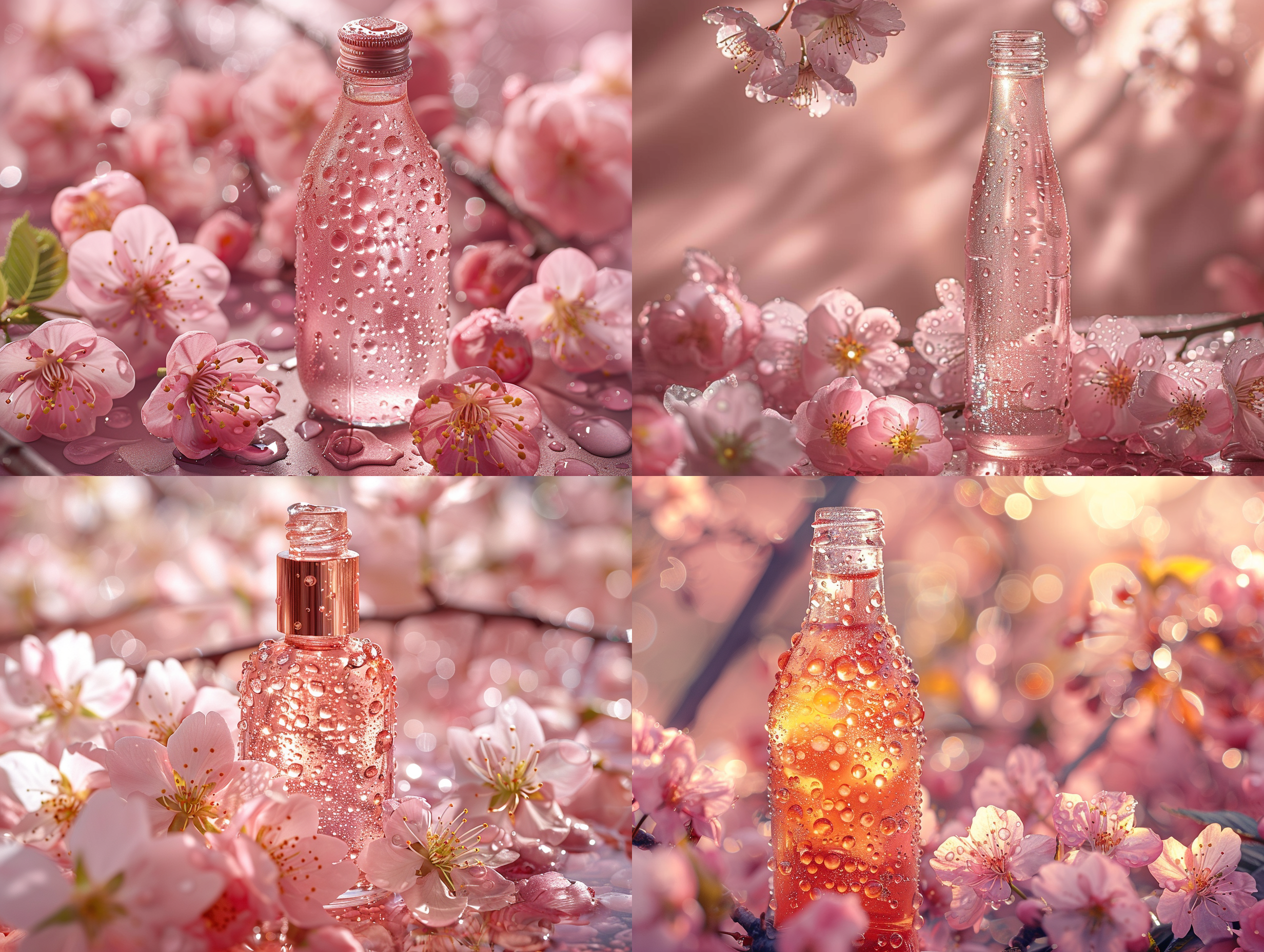 水滴沿瓶身闪耀，自然阳光背光，边缘光，夏日樱花背景，白粉色调，阳光穿透瓶身，闪耀自然，细节丰富，广角视角，宾得67富士400h，风格原，高光细节，逆光，自然光，清新，柔和，宁静。