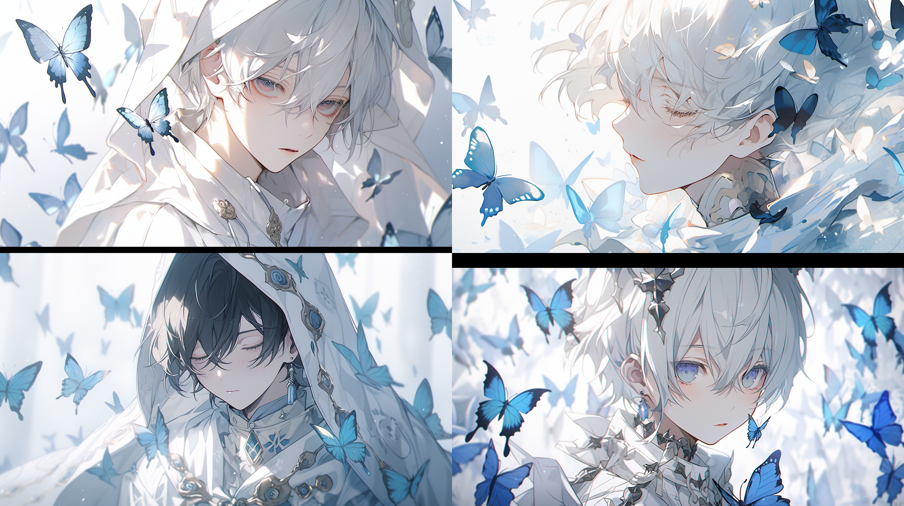 动漫男生肖像，白色调，蝴蝶飞舞，冷蓝光，闭眼，自然环绕，雪纺，哀愁，存在感。
