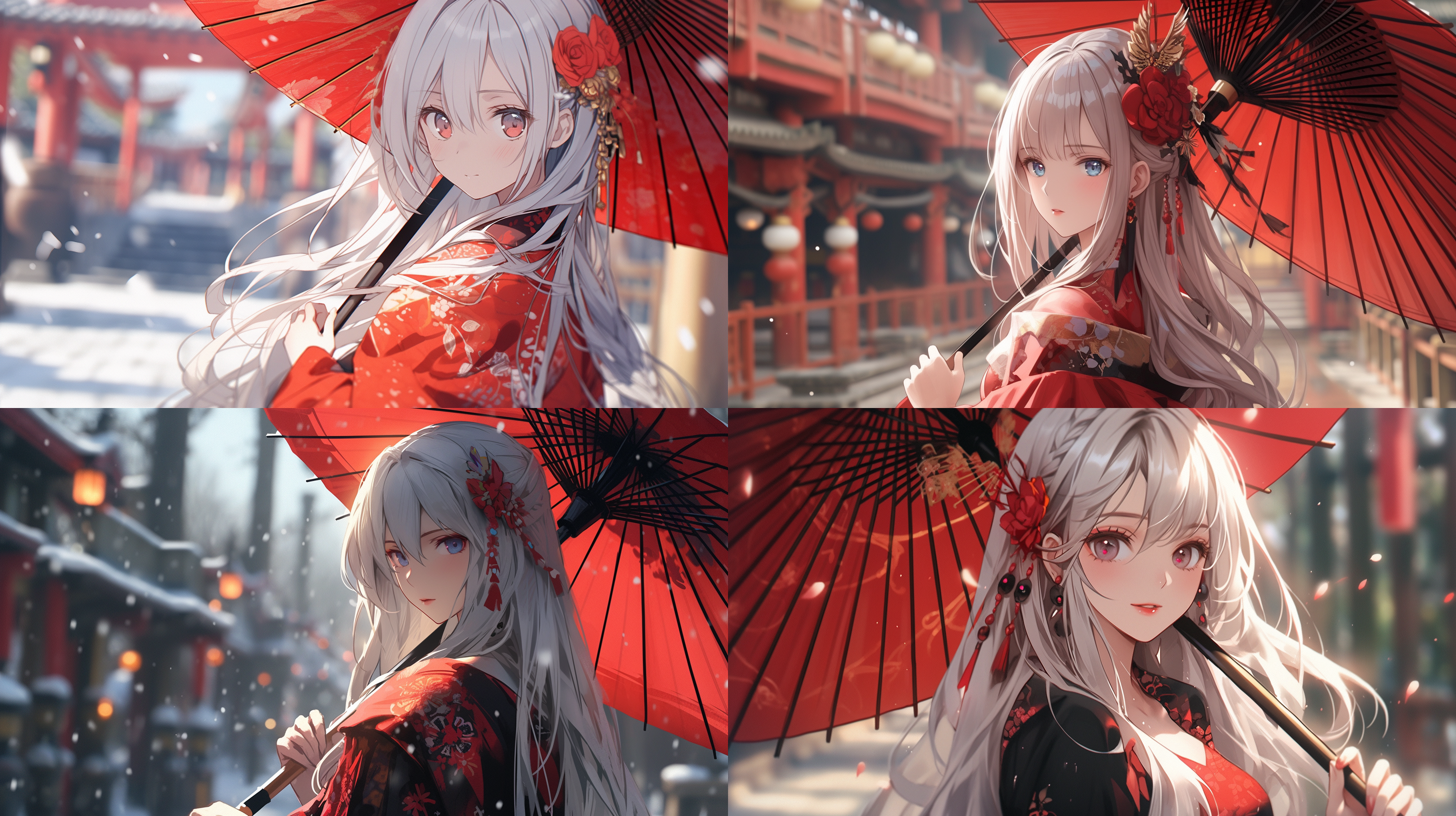 银发红眼美少女，手持红色油纸伞，红色古装，长发随风飞扬，俊美脸庞，自然光，极其丰富的细节，高清画质，3d模式，渲染性，推特的个性，不屑一顾的表情，细节丰富，高清画质，3d渲染，自然光，红色古装，红色油纸伞，银发，红眼，俊美脸庞，长发飞扬，不屑表情，个性鲜明。