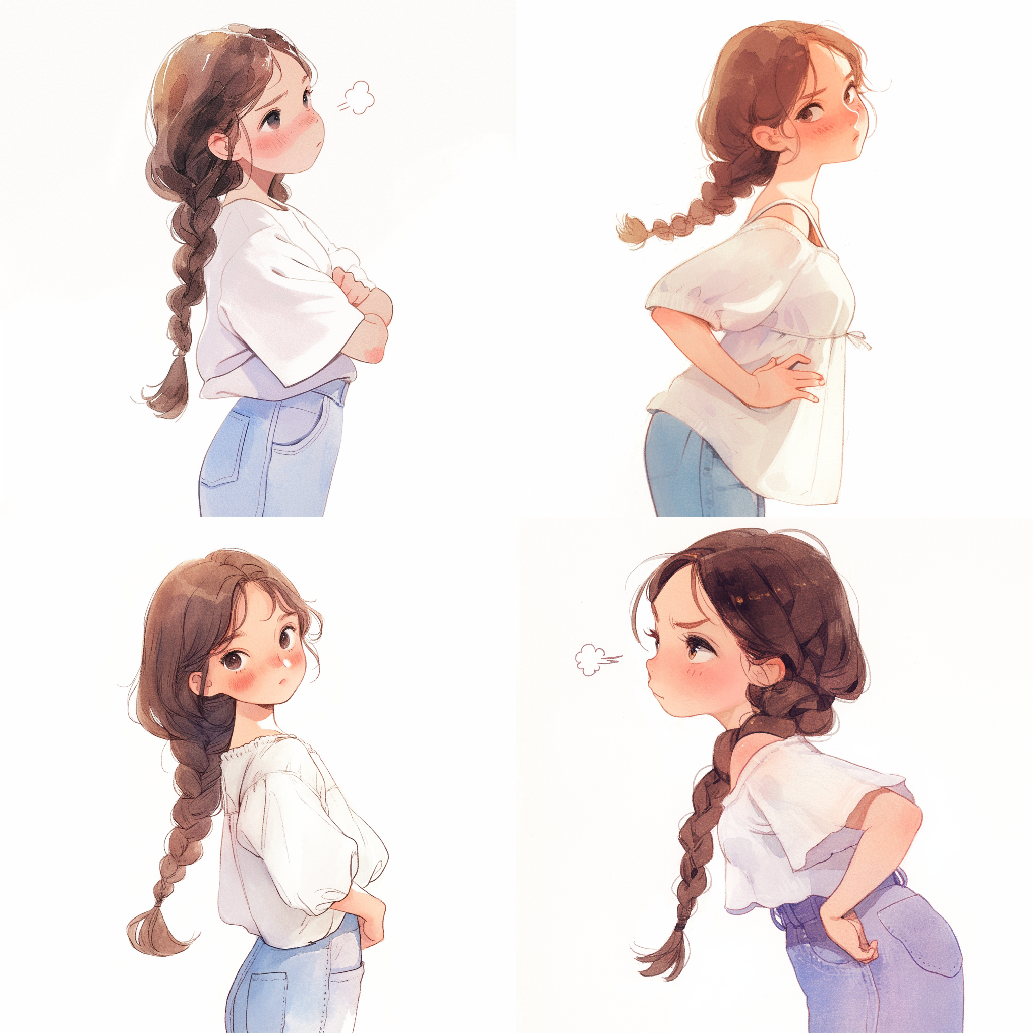 穿着白色衣服和牛仔裤的可爱女孩，麻花辫，看向一侧，有趣的面部表情，夸张的姿势，卡通插画，水彩画，白色背景，干净背景，4k，夸张表情，卡通风格，水彩质感，白色背景，干净简洁，4k分辨率，侧视，麻花辫，白色上衣，牛仔裤，夸张动作，卡通化，水彩渲染，高清晰度，生动表情，创意构图。