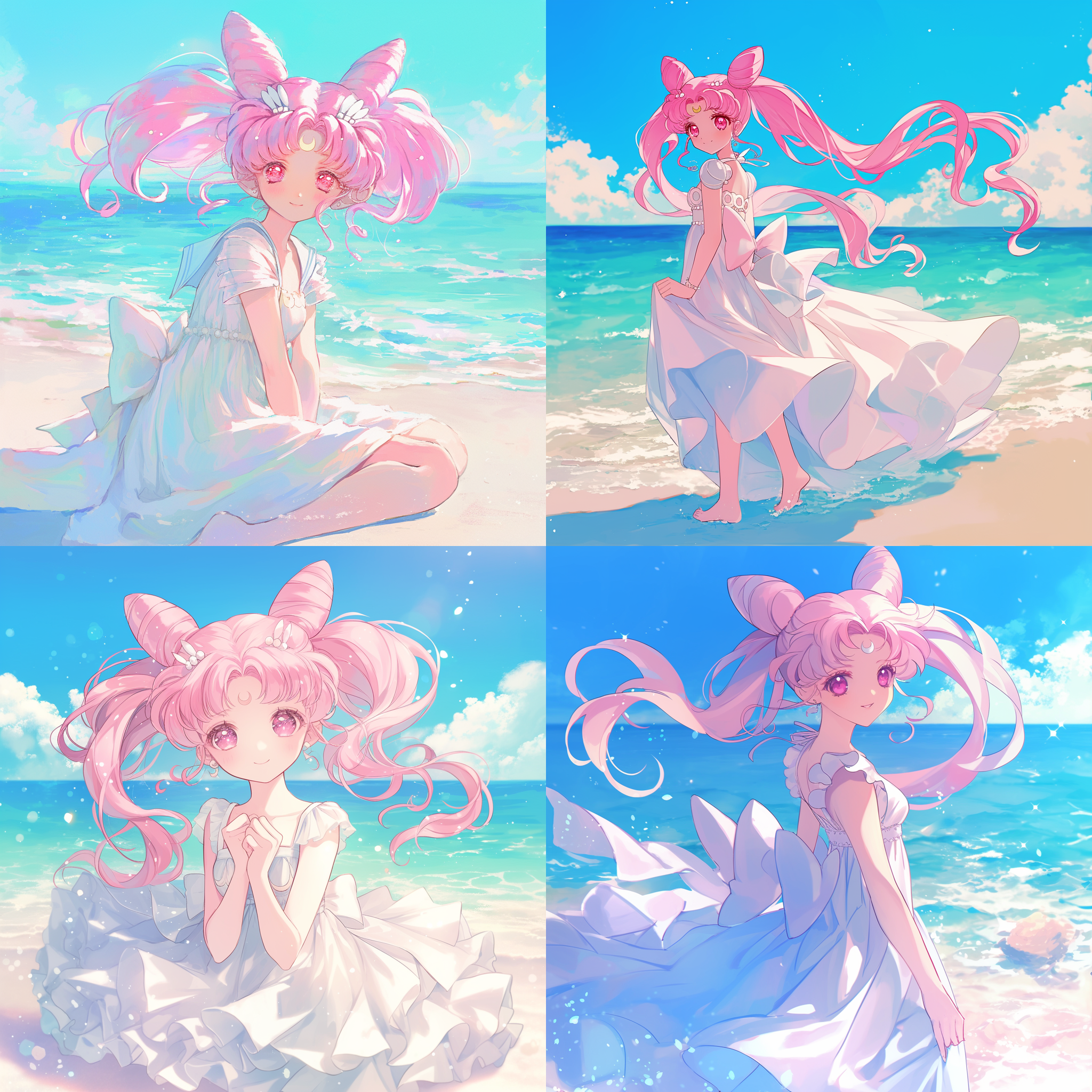 美少女战士，小小兔，正面视角，全身镜头，日系风格，夏日海滩，柔和色调，长焦镜头，自然光，微微微笑，优雅，海滩背景，夏日氛围，轻柔海风，清新色彩，优雅姿态，自然表情，细腻肌肤，长发飘逸，清新服饰，夏日阳光，温暖感觉。