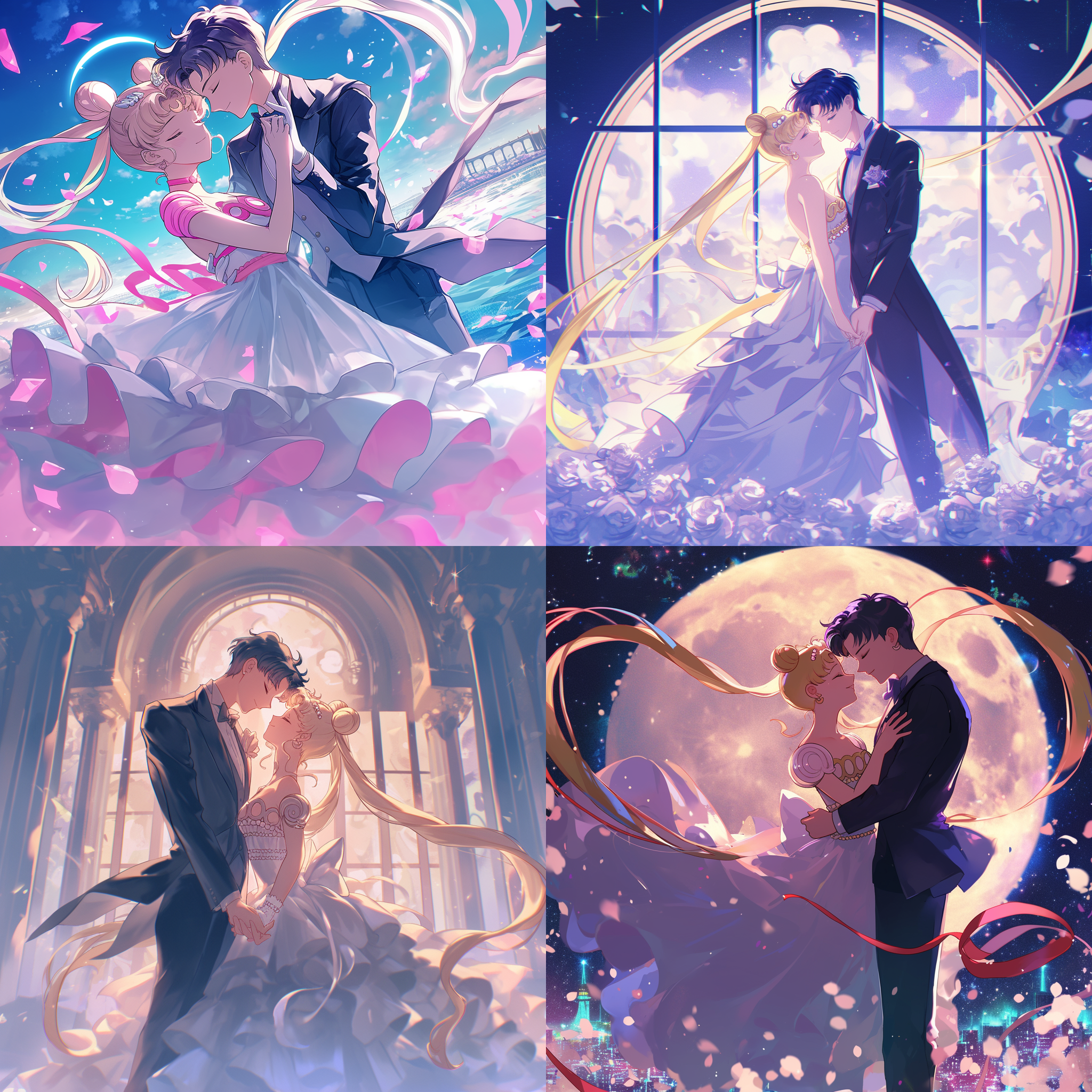 美少女战士，水兵月和地场卫，正面视角，全身镜头，日系风格，月球的宫殿，柔和色调，长焦镜头，自然光，微微微笑，优雅，浪漫氛围，细节丰富，梦幻场景，情感交流，银白色调，温柔光线，动态平衡，视觉焦点。