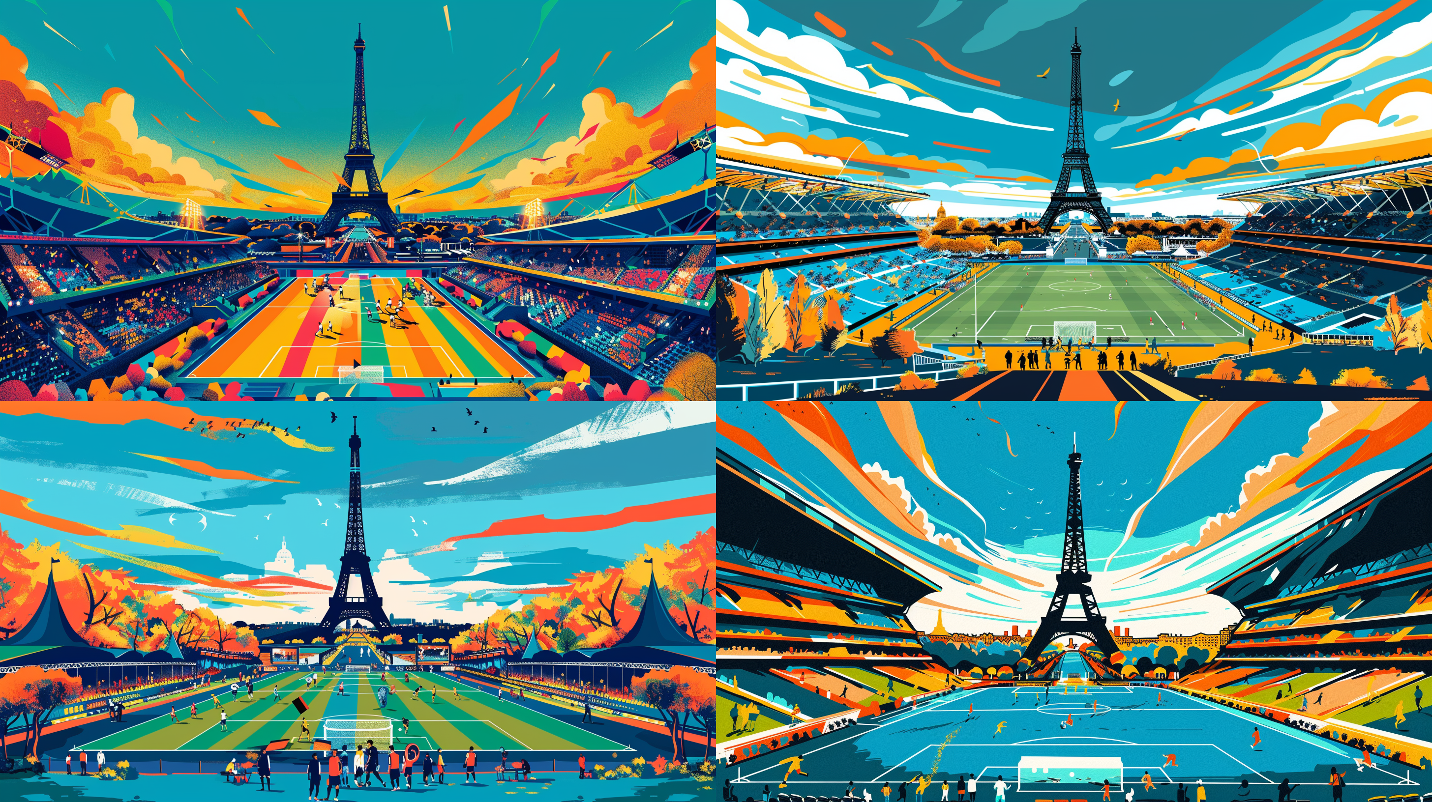平面海报设计，鲜艳大胆色彩，巴黎背景，全黑白埃菲尔铁塔上方，彩色体育场下方有人踢足球，蓝天，纯色背景，法国元素，橙蓝色调，开放和空气感主题，最佳质量，杰作。