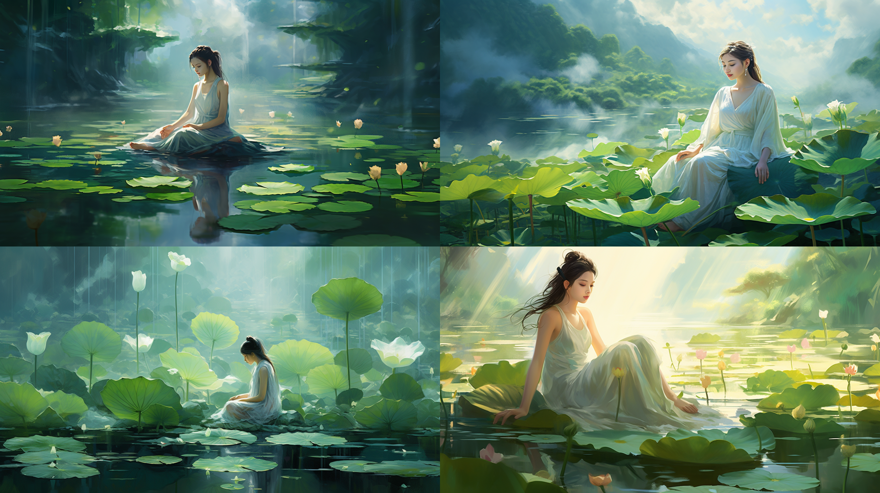 女孩坐莲叶山，细腻画风，露珠滴落，莲叶翠绿，宁静氛围，柔和光线，细节丰富，高品质，杰作，油画风格，自然环境，长焦镜头，微距效果，清晨光线，静谧，清新，生机。