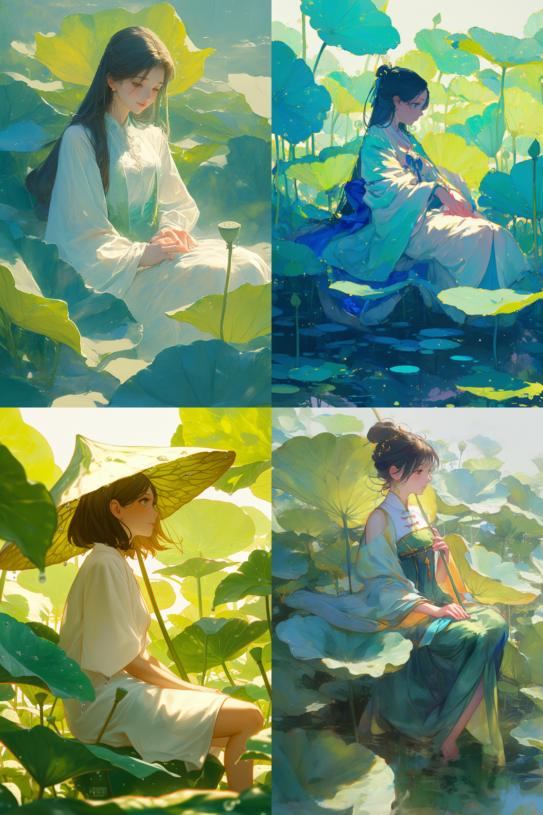 conan style, a girl sitting on the lotus leaf mountain, dewdrops dripping, clear and shining, green lotus leaves, peaceful atmosphere, soft light, delicate texture, the best quality, masterpiece