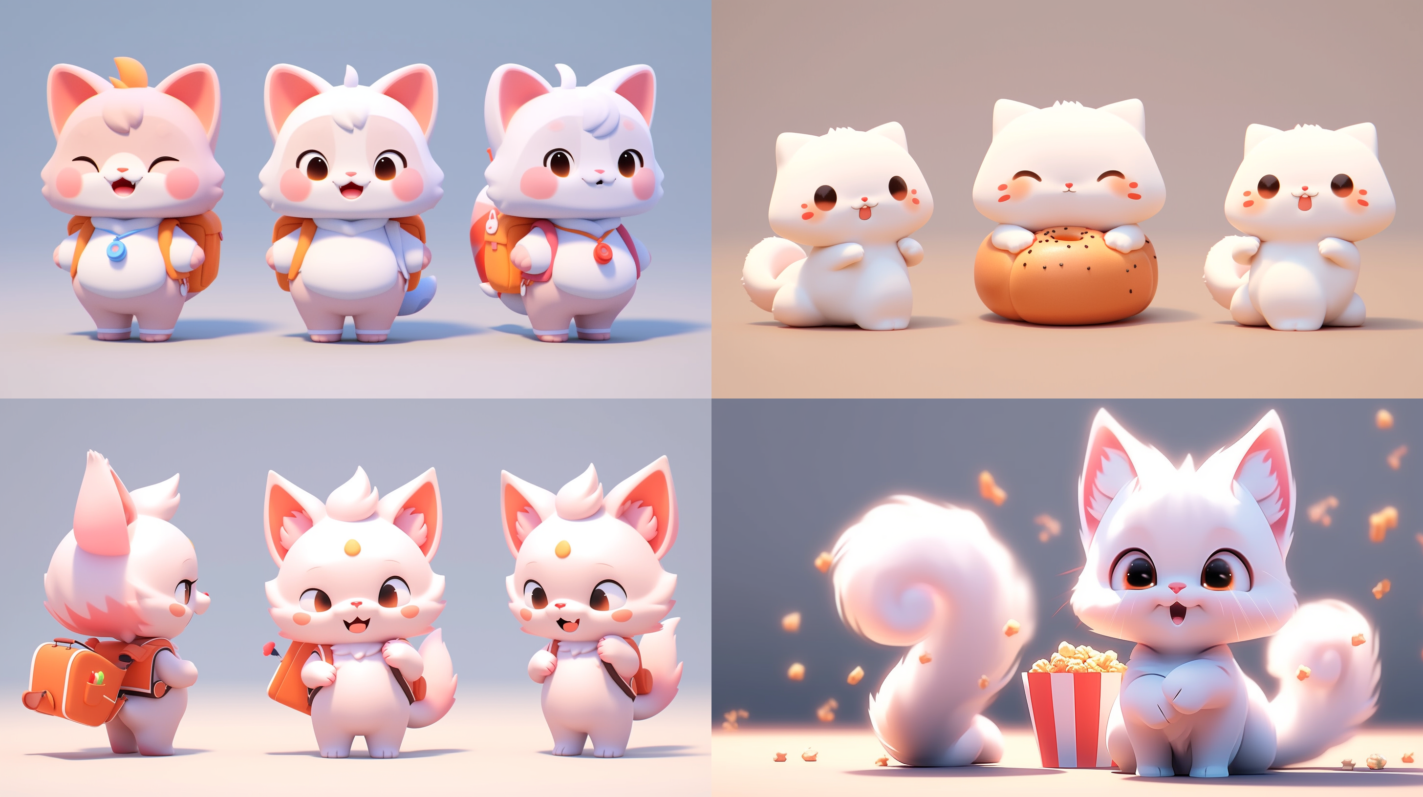 标准三视图，全身，正面，侧面，背面，卡通ip，穿衣服的猫咪，可爱，萌萌哒，干净背景，pop mart，pixar，ip盲盒，粘土材料，柔和颜色，工作室灯光，octane render，3d，c4d，超高清8k，16:9纵横比，细节丰富 皮克斯