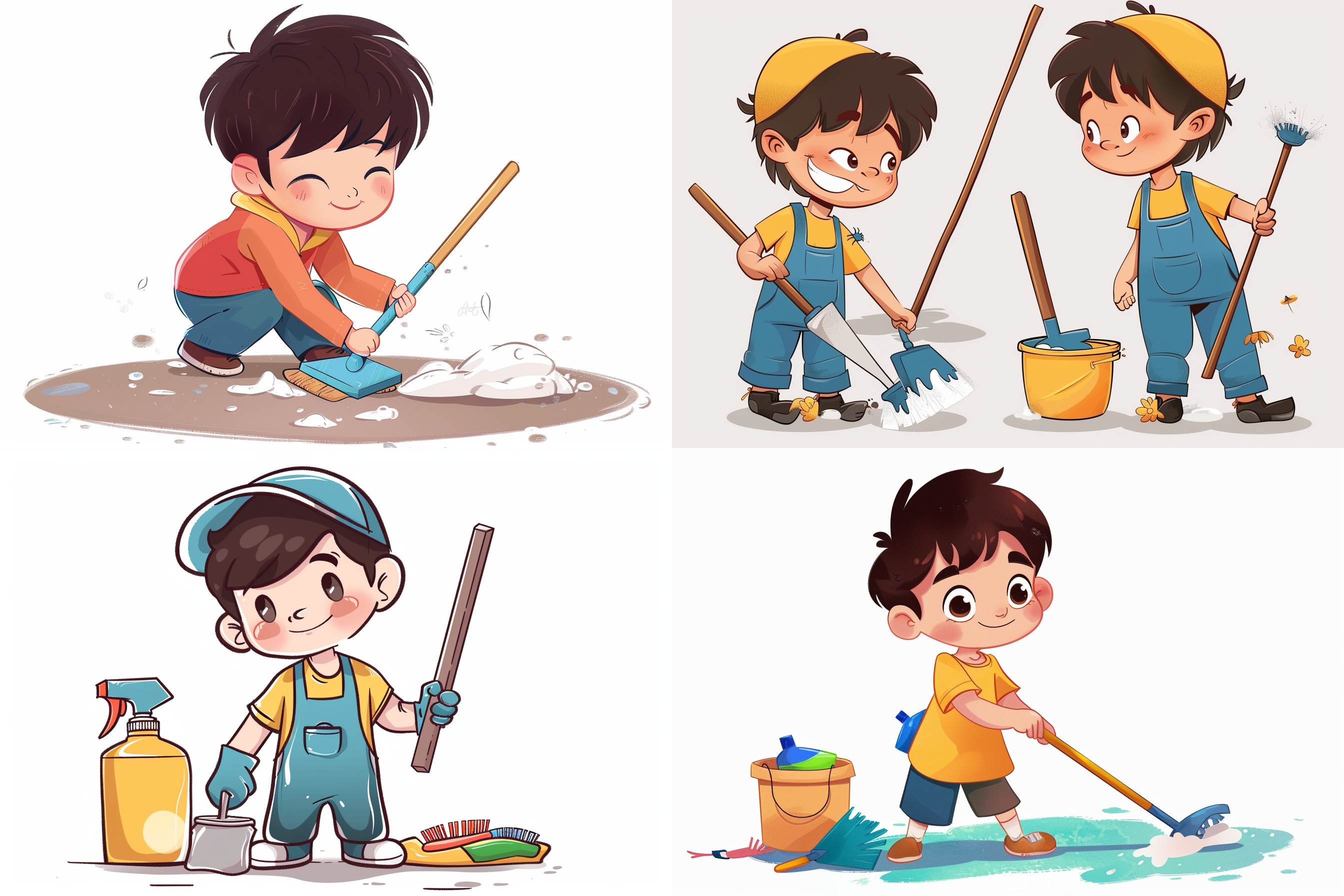 小哥打扫卫生，插画风格，q版人物，白色背景，明亮色调，卡通渲染，手持工具，微笑表情，简洁线条，轻松氛围。