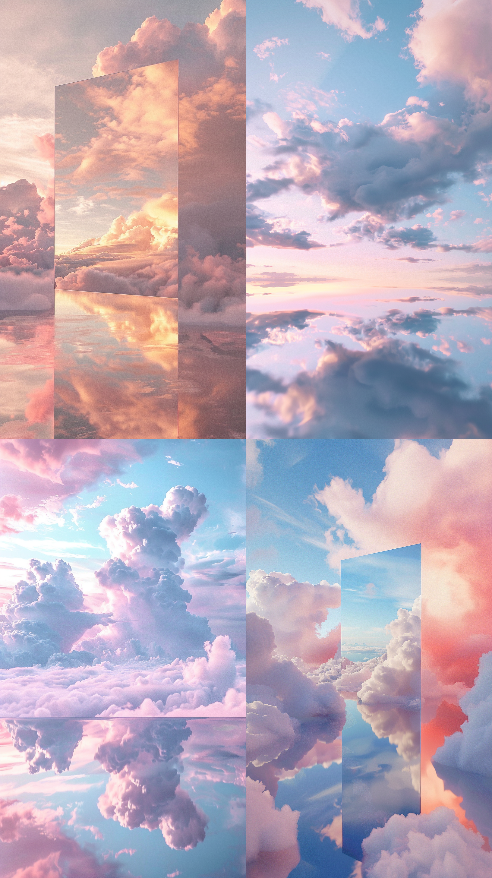 云朵漂浮，蓝粉色天空，展示台，广角镜头，柔和光线，浪漫，c4d，天空之镜，梦幻，渐变色彩，云层细节，宁静，艺术感，超现实，视觉冲击。